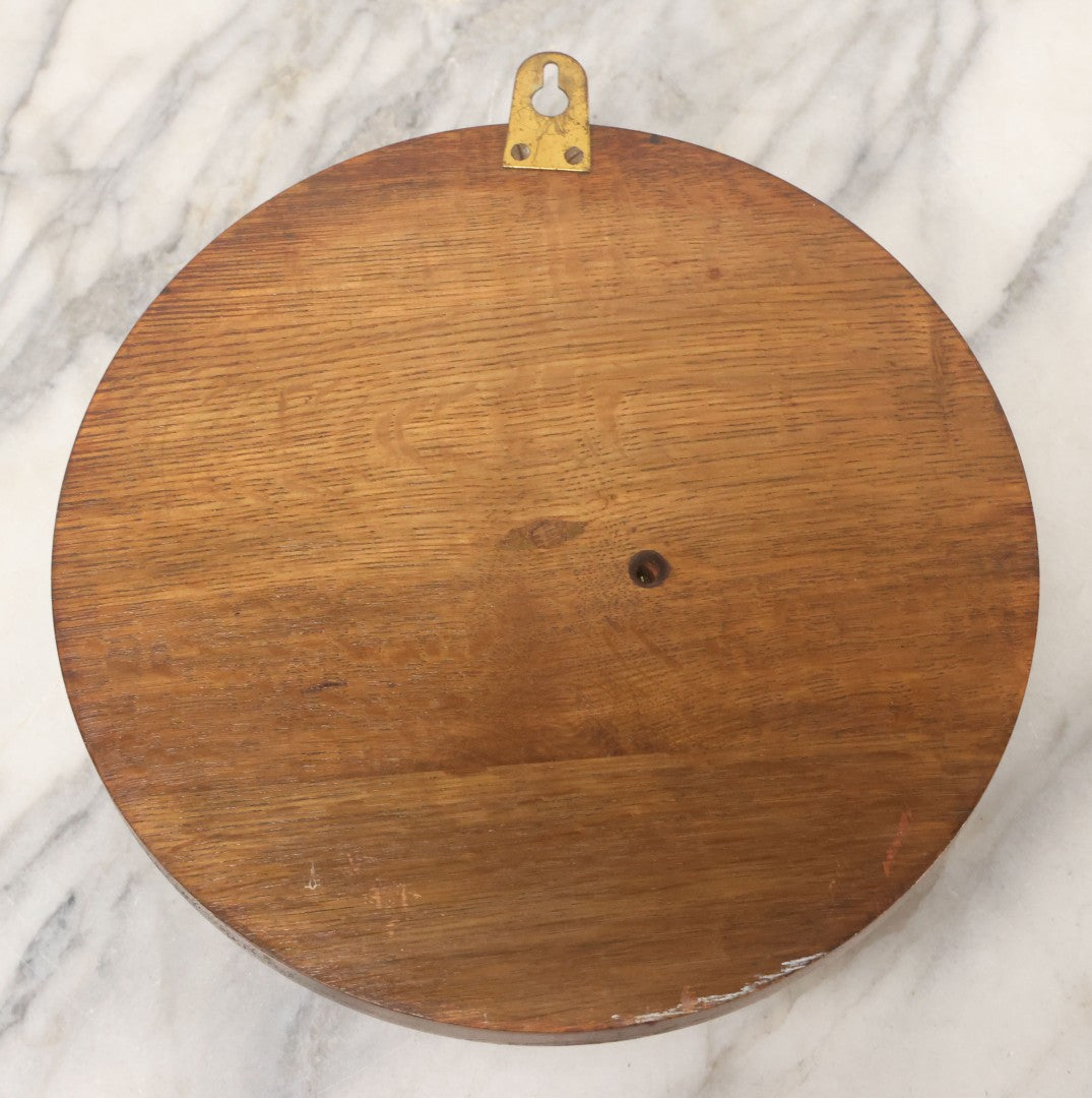 Lot 022 - Vintage Aneroid Barometer On Wood Plaque With Twisted Rope Inlay Motif, Beveled Glass Brass Surround, Wall Hanger, 9-3/4" Diameter
