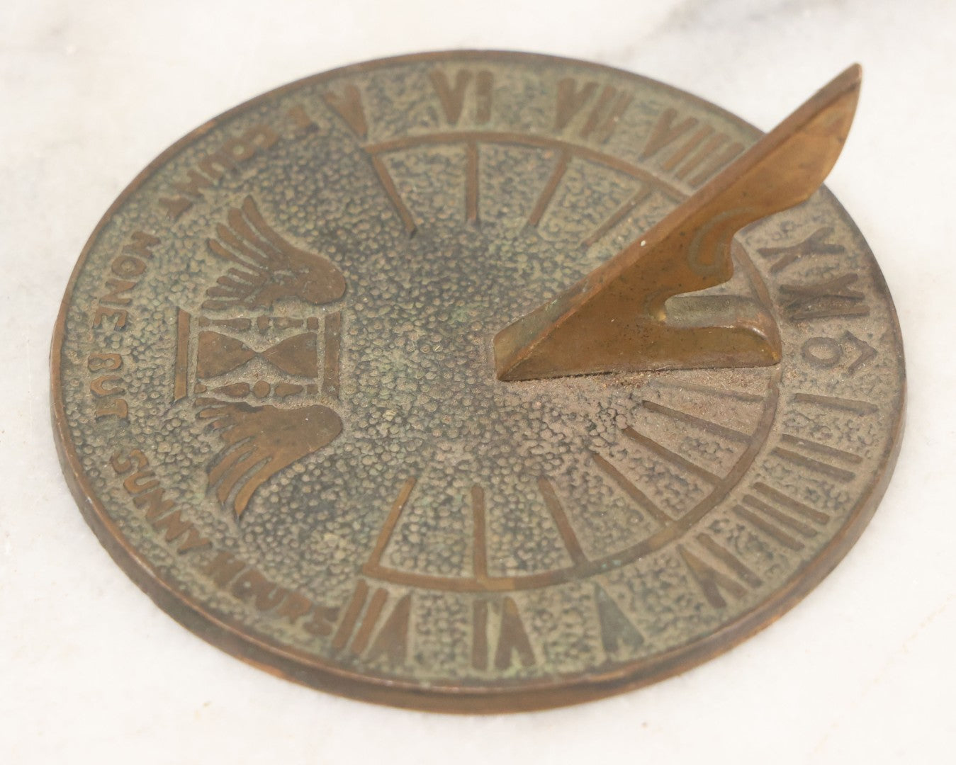 Lot 023 - Vintage Cast Brass Miniature Sundial With Winged Hourglass Motif, "I Count None But Sunny Hours" 3-3/8" Diameter