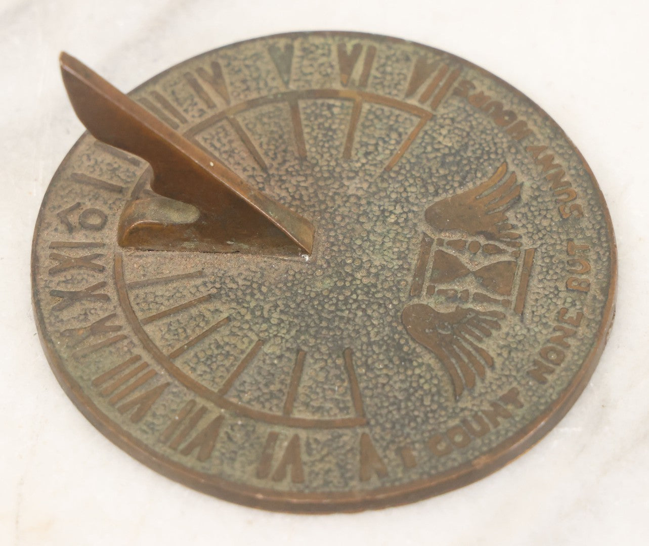 Lot 023 - Vintage Cast Brass Miniature Sundial With Winged Hourglass Motif, "I Count None But Sunny Hours" 3-3/8" Diameter