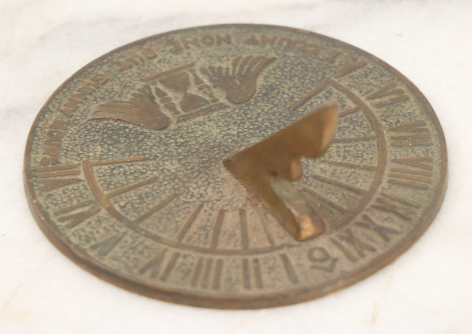 Lot 023 - Vintage Cast Brass Miniature Sundial With Winged Hourglass Motif, "I Count None But Sunny Hours" 3-3/8" Diameter