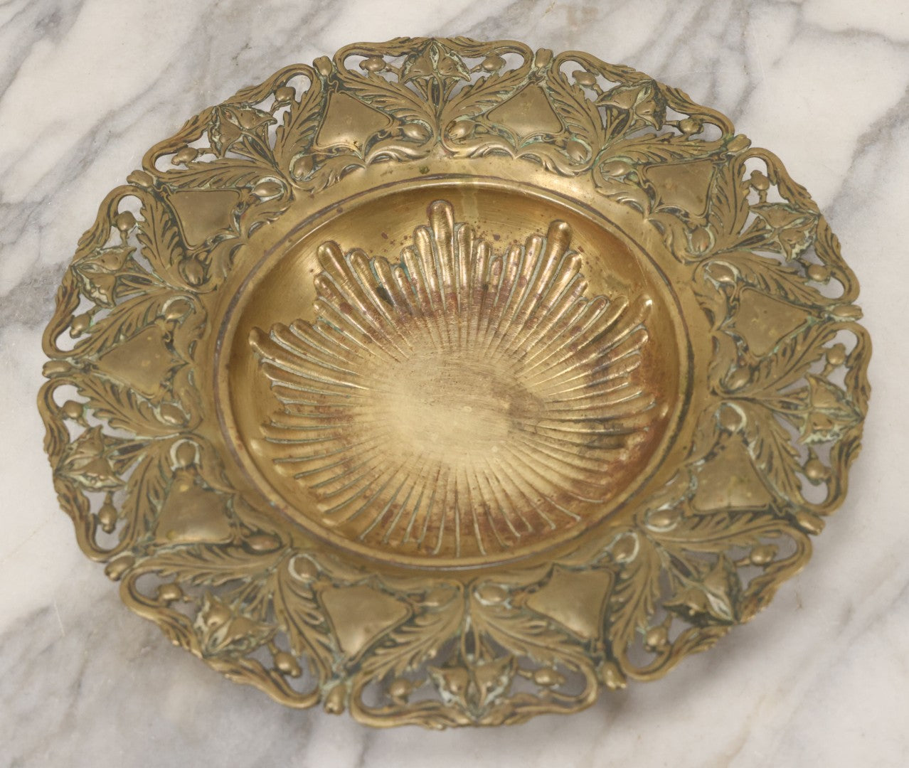 Lot 024 - Antique Pressed Brass Repousse-Style Art Nouveau Decorative Dish With Stylized Foliage, Floral Border, Ball Feet, 10-3/8" Diameter