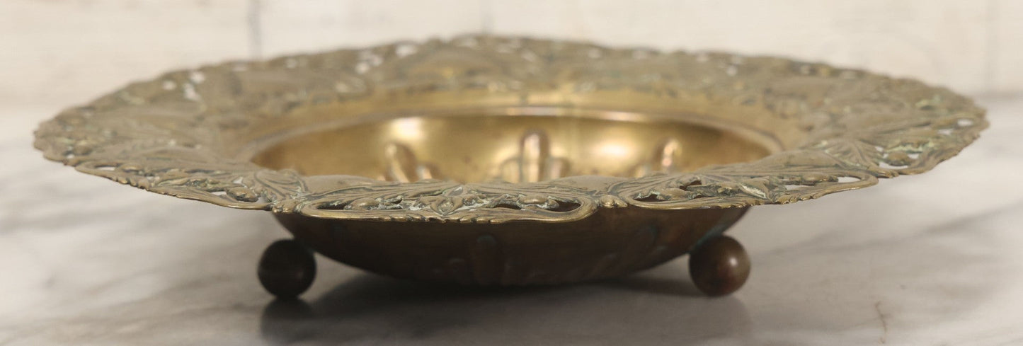 Lot 024 - Antique Pressed Brass Repousse-Style Art Nouveau Decorative Dish With Stylized Foliage, Floral Border, Ball Feet, 10-3/8" Diameter