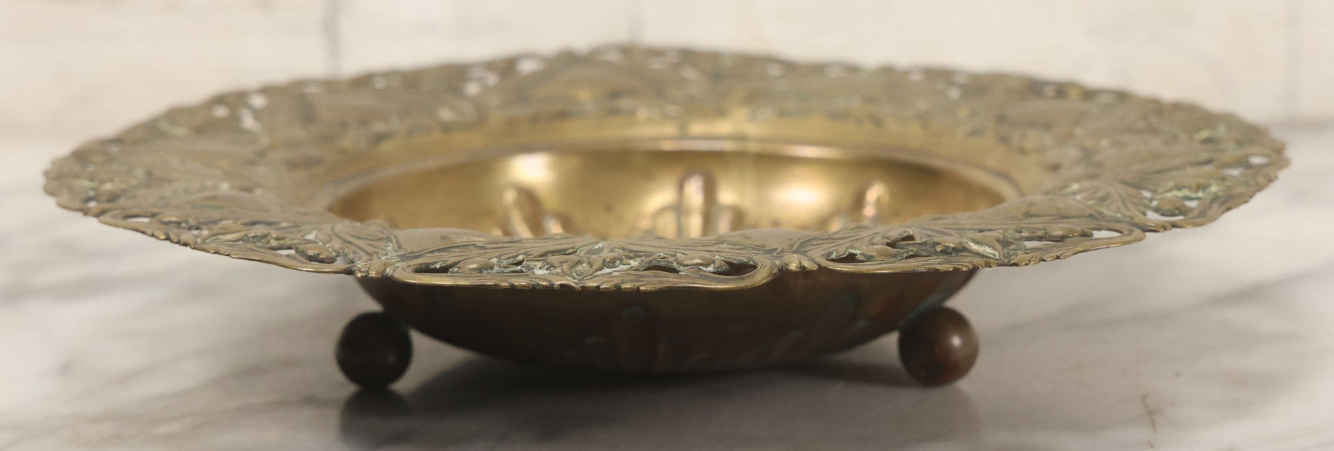 Lot 024 - Antique Pressed Brass Repousse-Style Art Nouveau Decorative Dish With Stylized Foliage, Floral Border, Ball Feet, 10-3/8" Diameter