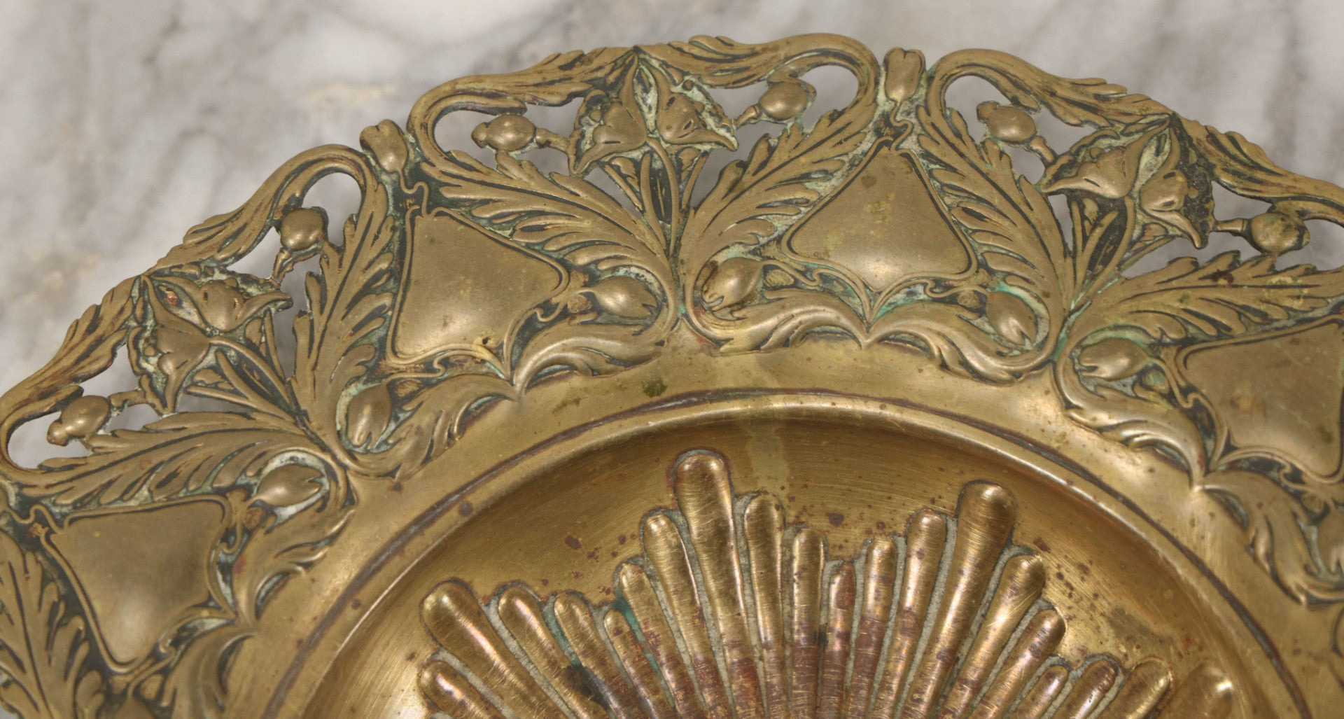Lot 024 - Antique Pressed Brass Repousse-Style Art Nouveau Decorative Dish With Stylized Foliage, Floral Border, Ball Feet, 10-3/8" Diameter