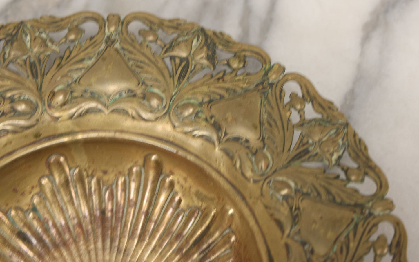 Lot 024 - Antique Pressed Brass Repousse-Style Art Nouveau Decorative Dish With Stylized Foliage, Floral Border, Ball Feet, 10-3/8" Diameter