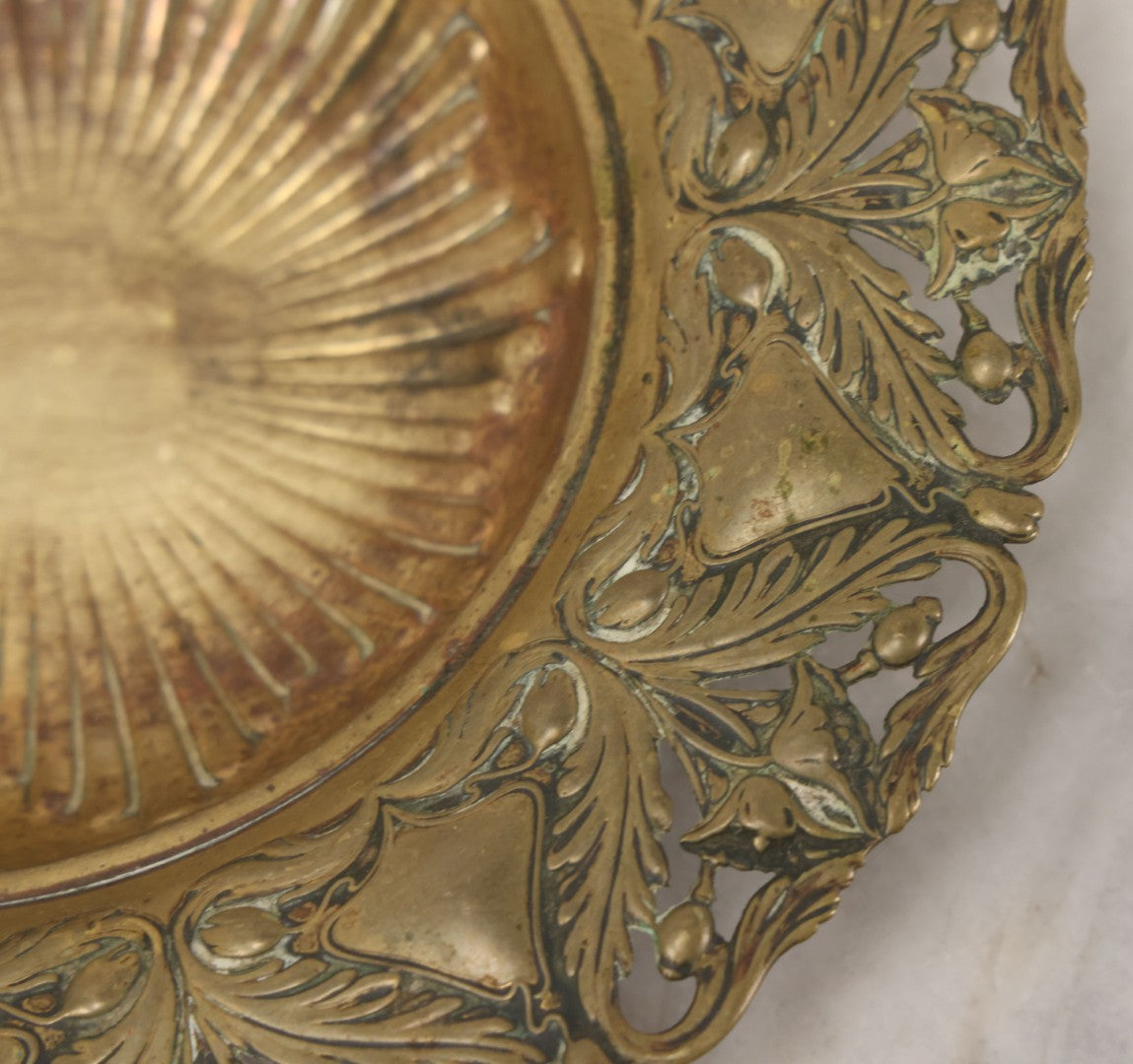 Lot 024 - Antique Pressed Brass Repousse-Style Art Nouveau Decorative Dish With Stylized Foliage, Floral Border, Ball Feet, 10-3/8" Diameter