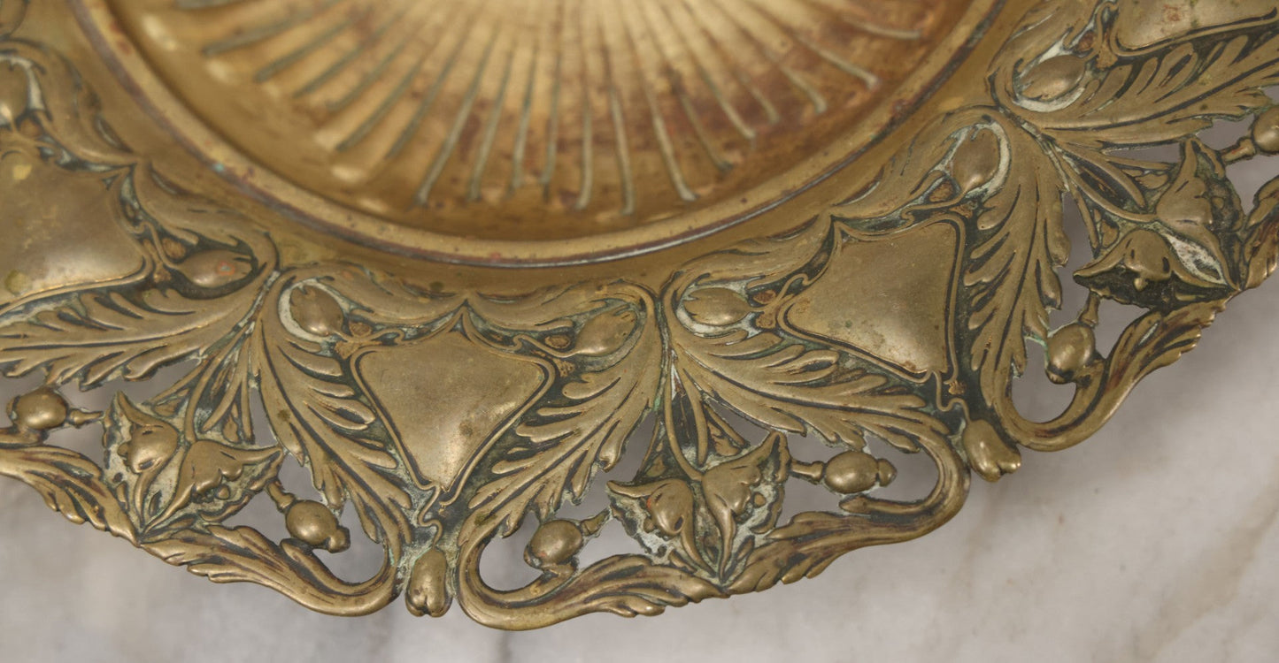 Lot 024 - Antique Pressed Brass Repousse-Style Art Nouveau Decorative Dish With Stylized Foliage, Floral Border, Ball Feet, 10-3/8" Diameter