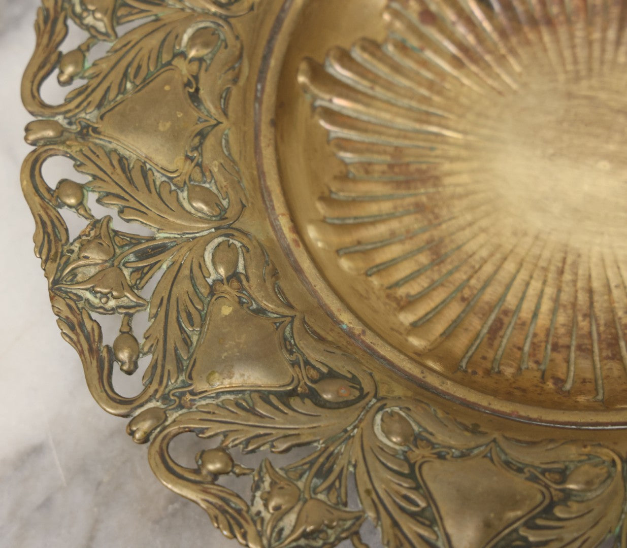 Lot 024 - Antique Pressed Brass Repousse-Style Art Nouveau Decorative Dish With Stylized Foliage, Floral Border, Ball Feet, 10-3/8" Diameter