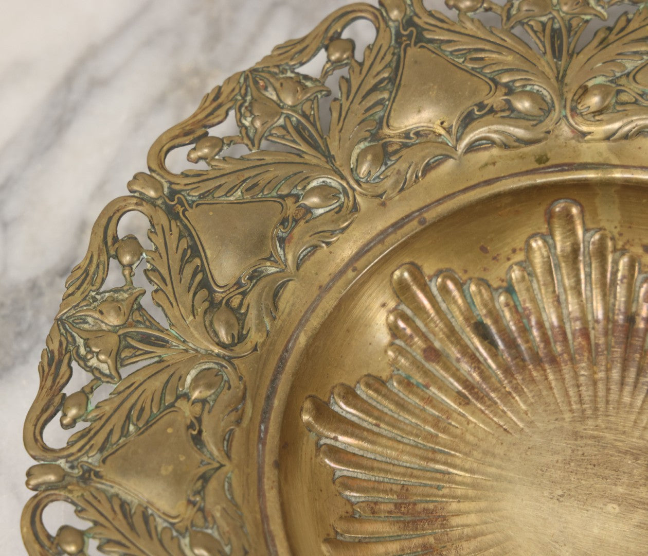 Lot 024 - Antique Pressed Brass Repousse-Style Art Nouveau Decorative Dish With Stylized Foliage, Floral Border, Ball Feet, 10-3/8" Diameter