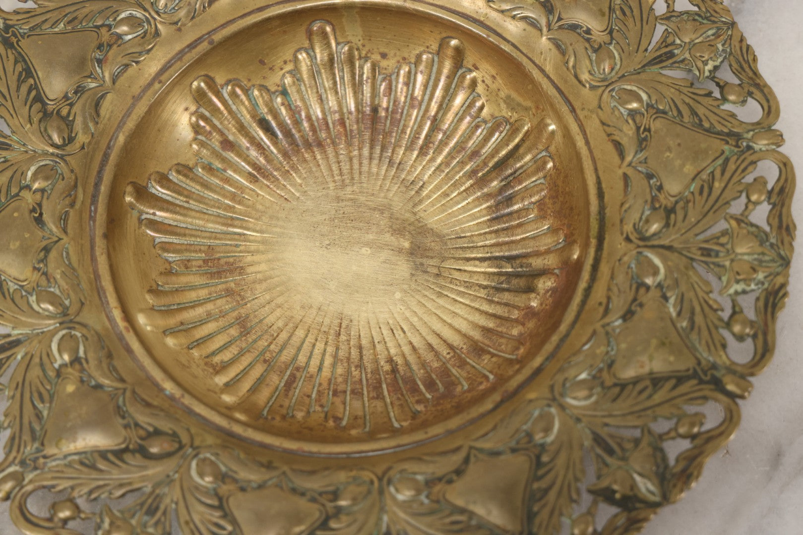 Lot 024 - Antique Pressed Brass Repousse-Style Art Nouveau Decorative Dish With Stylized Foliage, Floral Border, Ball Feet, 10-3/8" Diameter