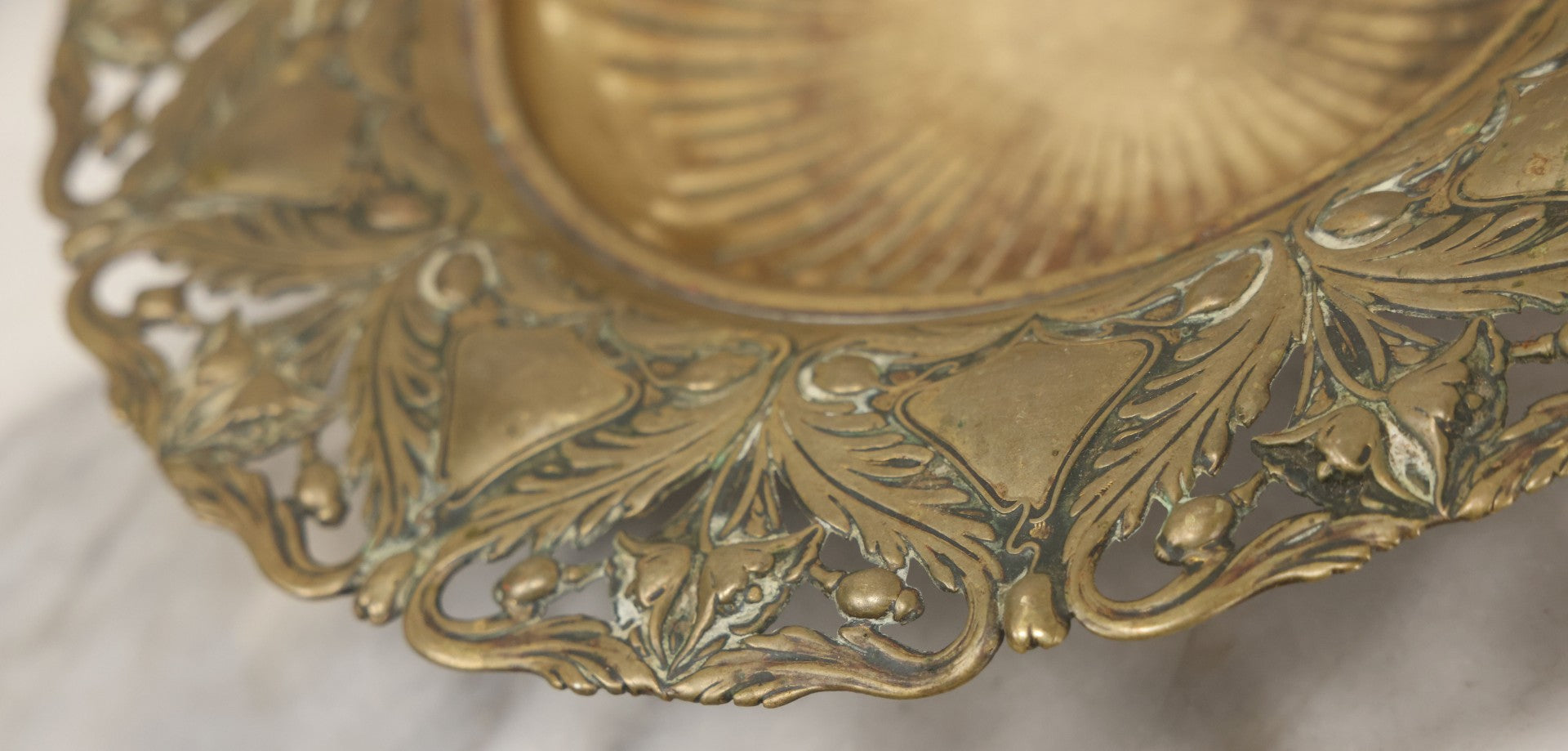 Lot 024 - Antique Pressed Brass Repousse-Style Art Nouveau Decorative Dish With Stylized Foliage, Floral Border, Ball Feet, 10-3/8" Diameter