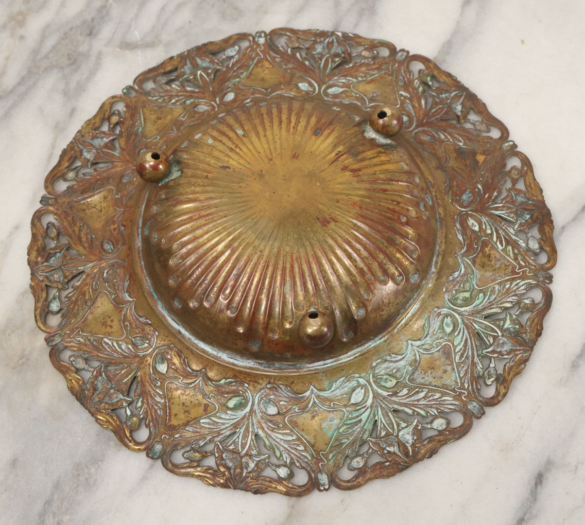 Lot 024 - Antique Pressed Brass Repousse-Style Art Nouveau Decorative Dish With Stylized Foliage, Floral Border, Ball Feet, 10-3/8" Diameter
