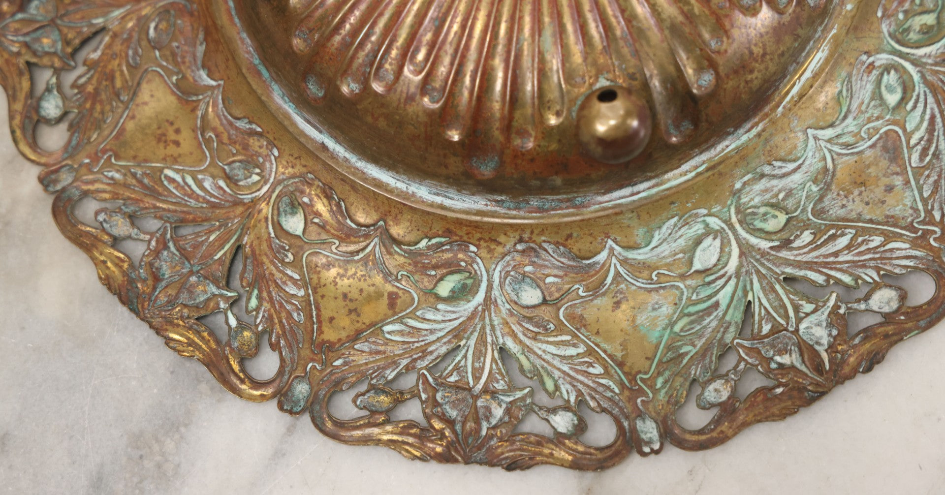 Lot 024 - Antique Pressed Brass Repousse-Style Art Nouveau Decorative Dish With Stylized Foliage, Floral Border, Ball Feet, 10-3/8" Diameter