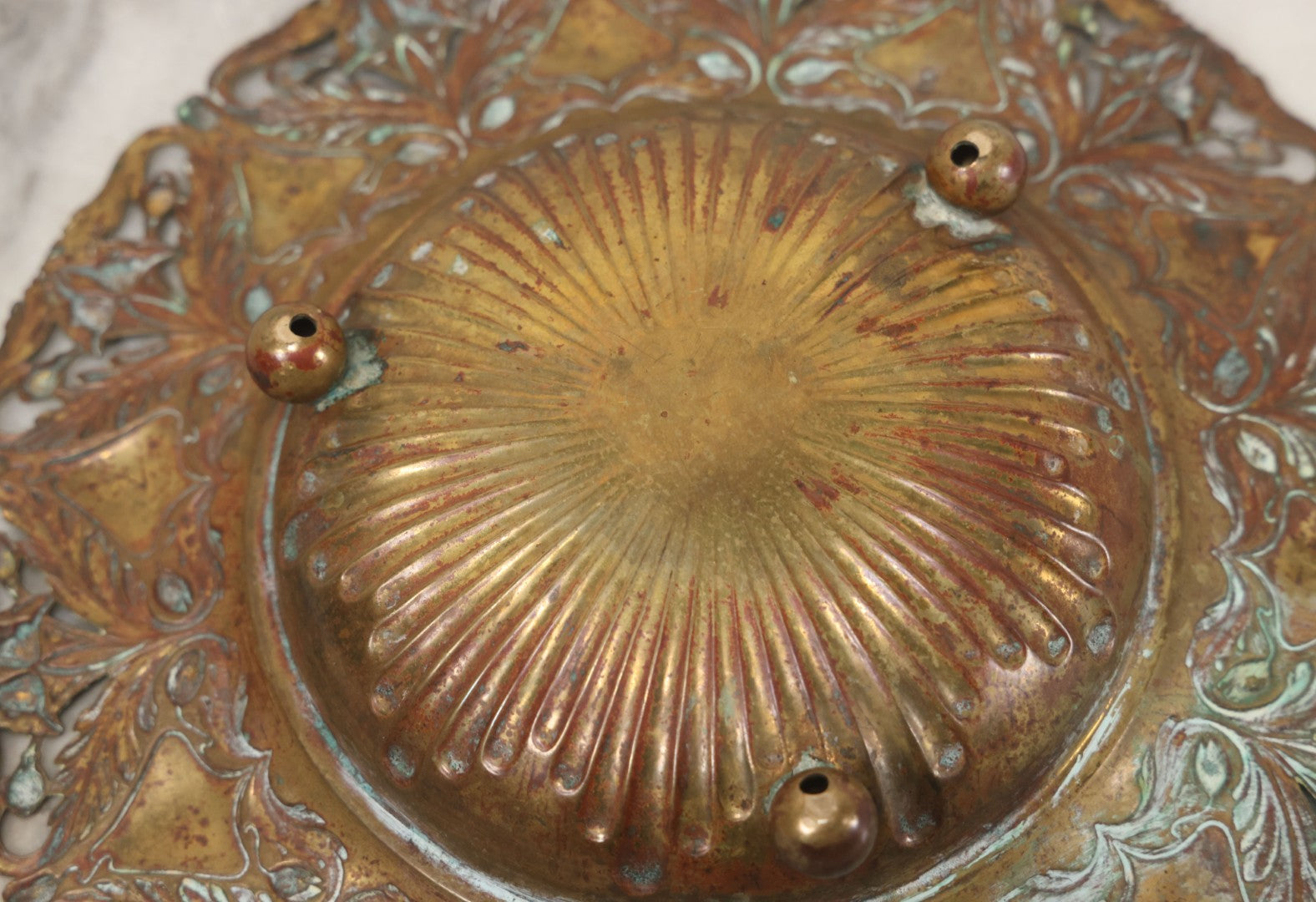 Lot 024 - Antique Pressed Brass Repousse-Style Art Nouveau Decorative Dish With Stylized Foliage, Floral Border, Ball Feet, 10-3/8" Diameter