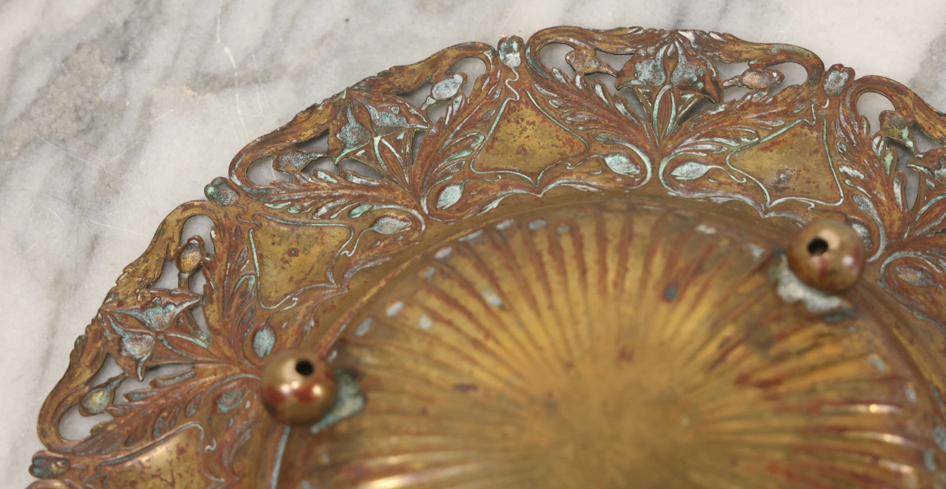 Lot 024 - Antique Pressed Brass Repousse-Style Art Nouveau Decorative Dish With Stylized Foliage, Floral Border, Ball Feet, 10-3/8" Diameter