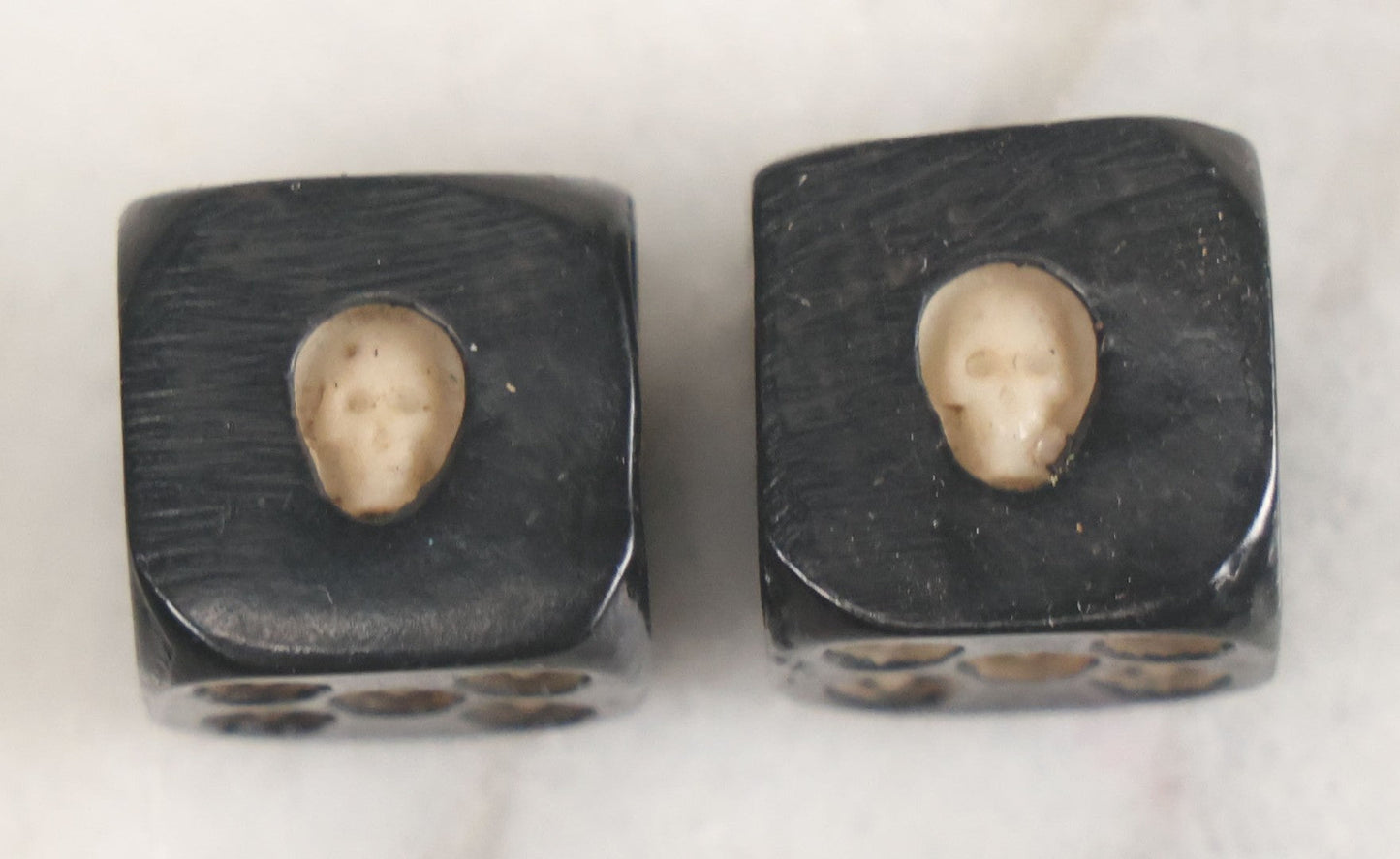 Lot 025 - Pair Of Vintage Hand Black Lacquered Wooden Dice With Hand Carved Miniature Skull Dots 5/8" Cube
