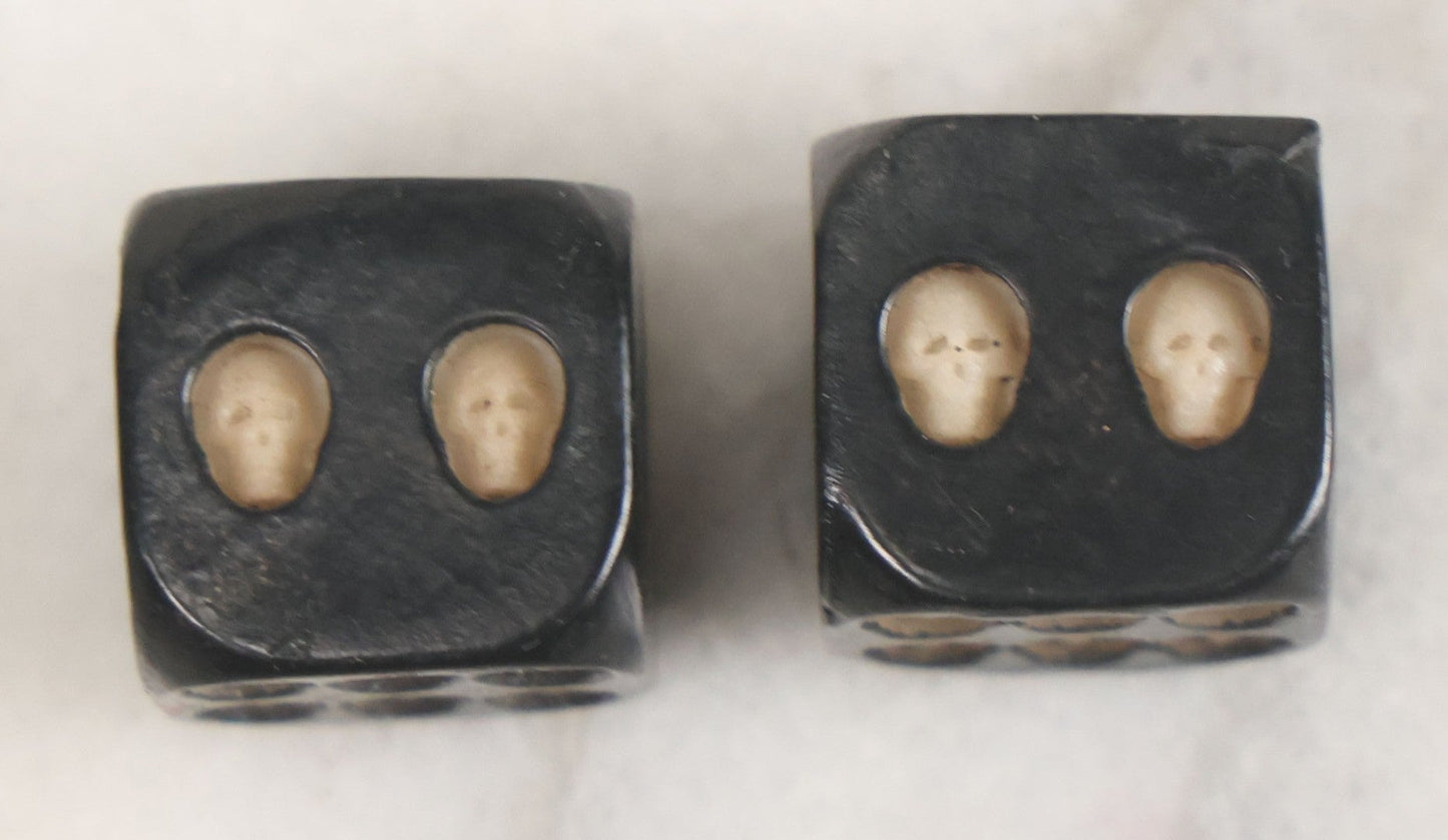 Lot 025 - Pair Of Vintage Hand Black Lacquered Wooden Dice With Hand Carved Miniature Skull Dots 5/8" Cube