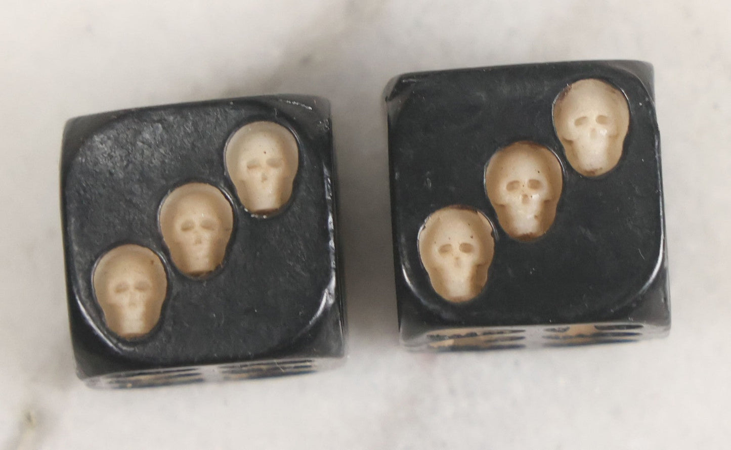 Lot 025 - Pair Of Vintage Hand Black Lacquered Wooden Dice With Hand Carved Miniature Skull Dots 5/8" Cube