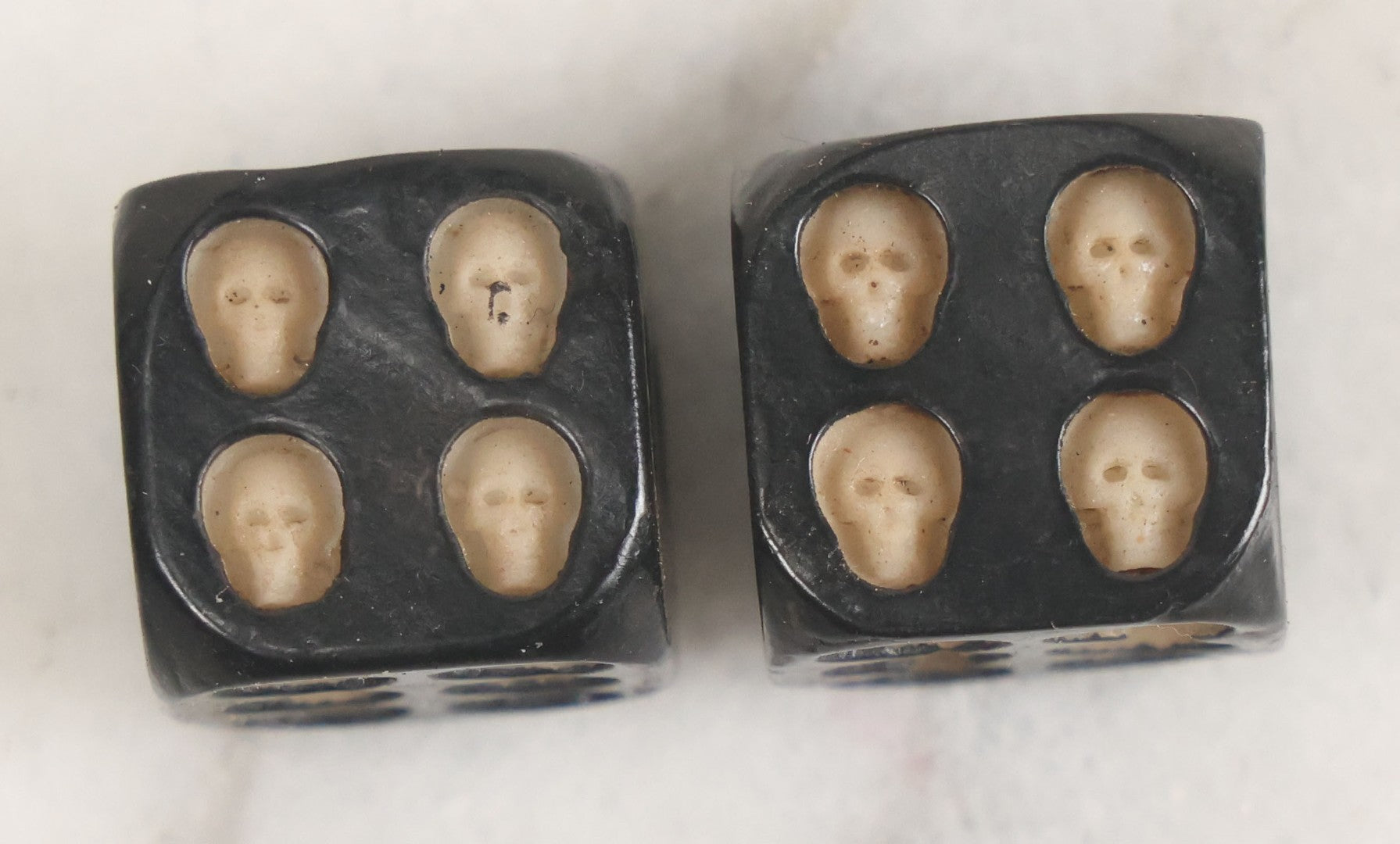 Lot 025 - Pair Of Vintage Hand Black Lacquered Wooden Dice With Hand Carved Miniature Skull Dots 5/8" Cube