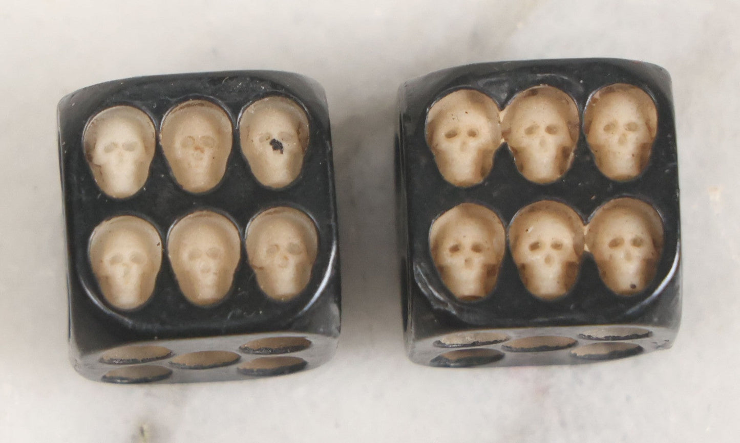 Lot 025 - Pair Of Vintage Hand Black Lacquered Wooden Dice With Hand Carved Miniature Skull Dots 5/8" Cube