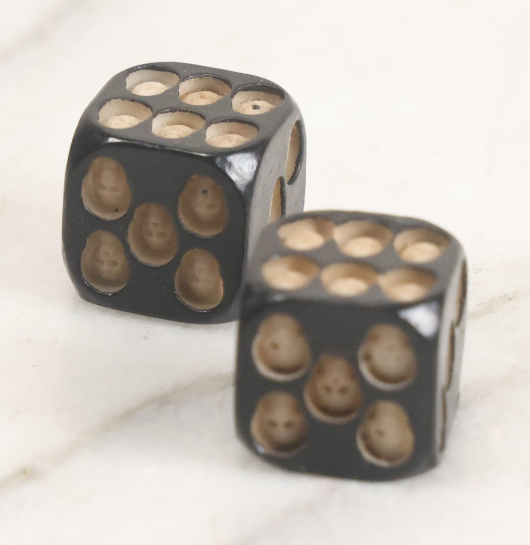 Lot 025 - Pair Of Vintage Hand Black Lacquered Wooden Dice With Hand Carved Miniature Skull Dots 5/8" Cube