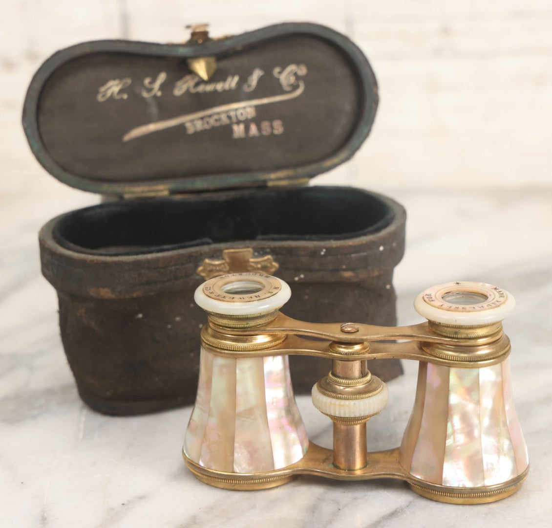 Lot 027 - Antique Mother Of Pearl And Brass Opera Glasses Binoculars "Made Expressly For" H.S. Hewett & Co., Brockton, Massachusetts In Original Case, With Gift Engraving Inscription, "Lulie Irish, Xmas 1890," Working Condition