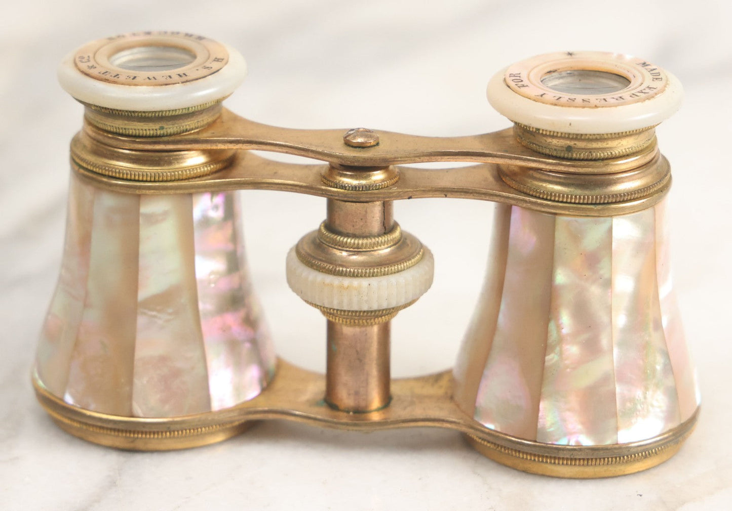 Lot 027 - Antique Mother Of Pearl And Brass Opera Glasses Binoculars "Made Expressly For" H.S. Hewett & Co., Brockton, Massachusetts In Original Case, With Gift Engraving Inscription, "Lulie Irish, Xmas 1890," Working Condition