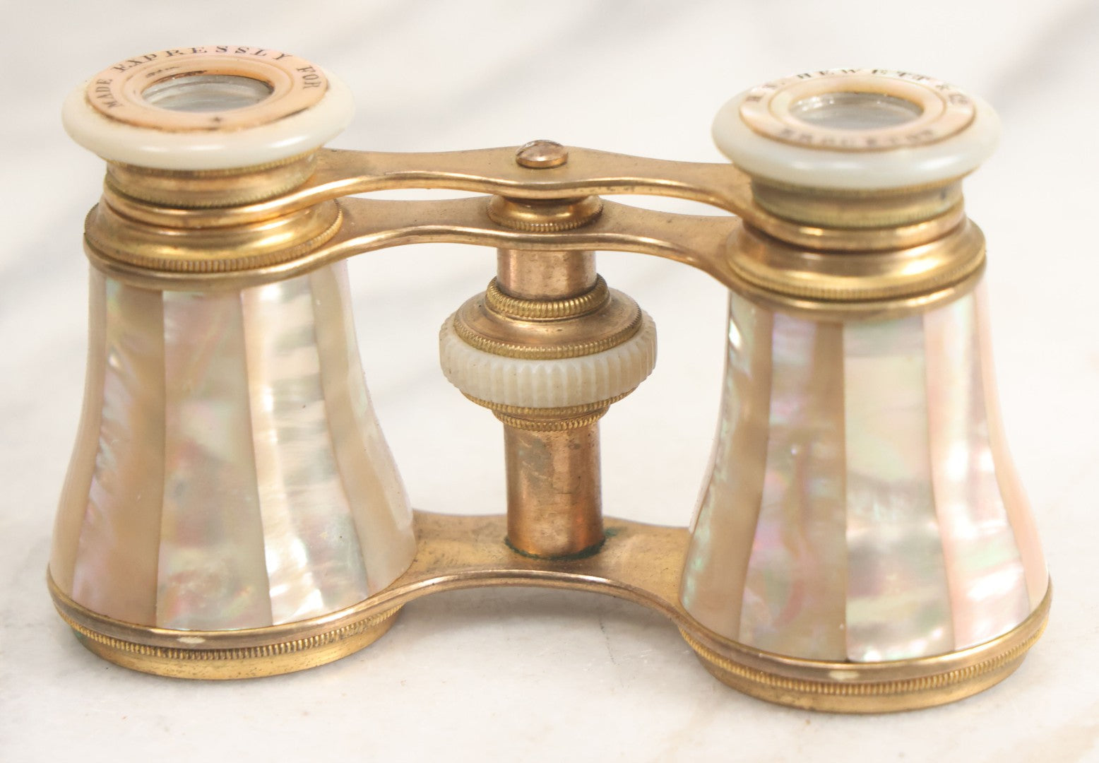 Lot 027 - Antique Mother Of Pearl And Brass Opera Glasses Binoculars "Made Expressly For" H.S. Hewett & Co., Brockton, Massachusetts In Original Case, With Gift Engraving Inscription, "Lulie Irish, Xmas 1890," Working Condition