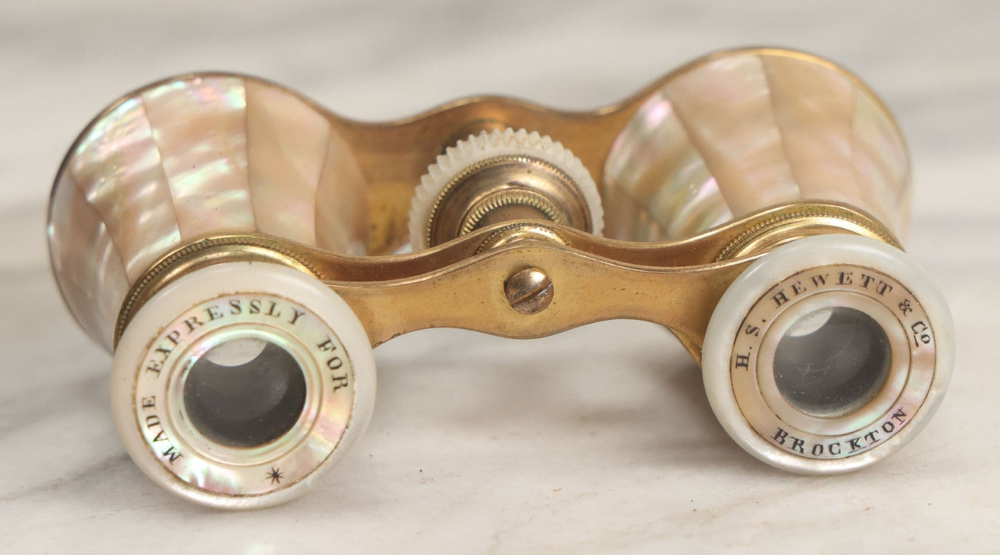 Lot 027 - Antique Mother Of Pearl And Brass Opera Glasses Binoculars "Made Expressly For" H.S. Hewett & Co., Brockton, Massachusetts In Original Case, With Gift Engraving Inscription, "Lulie Irish, Xmas 1890," Working Condition