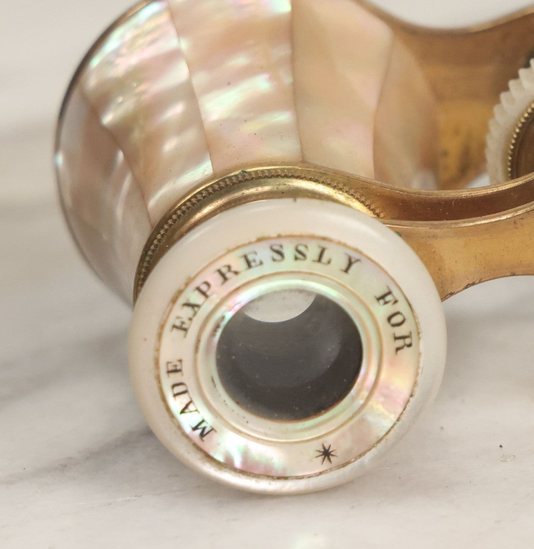 Lot 027 - Antique Mother Of Pearl And Brass Opera Glasses Binoculars "Made Expressly For" H.S. Hewett & Co., Brockton, Massachusetts In Original Case, With Gift Engraving Inscription, "Lulie Irish, Xmas 1890," Working Condition
