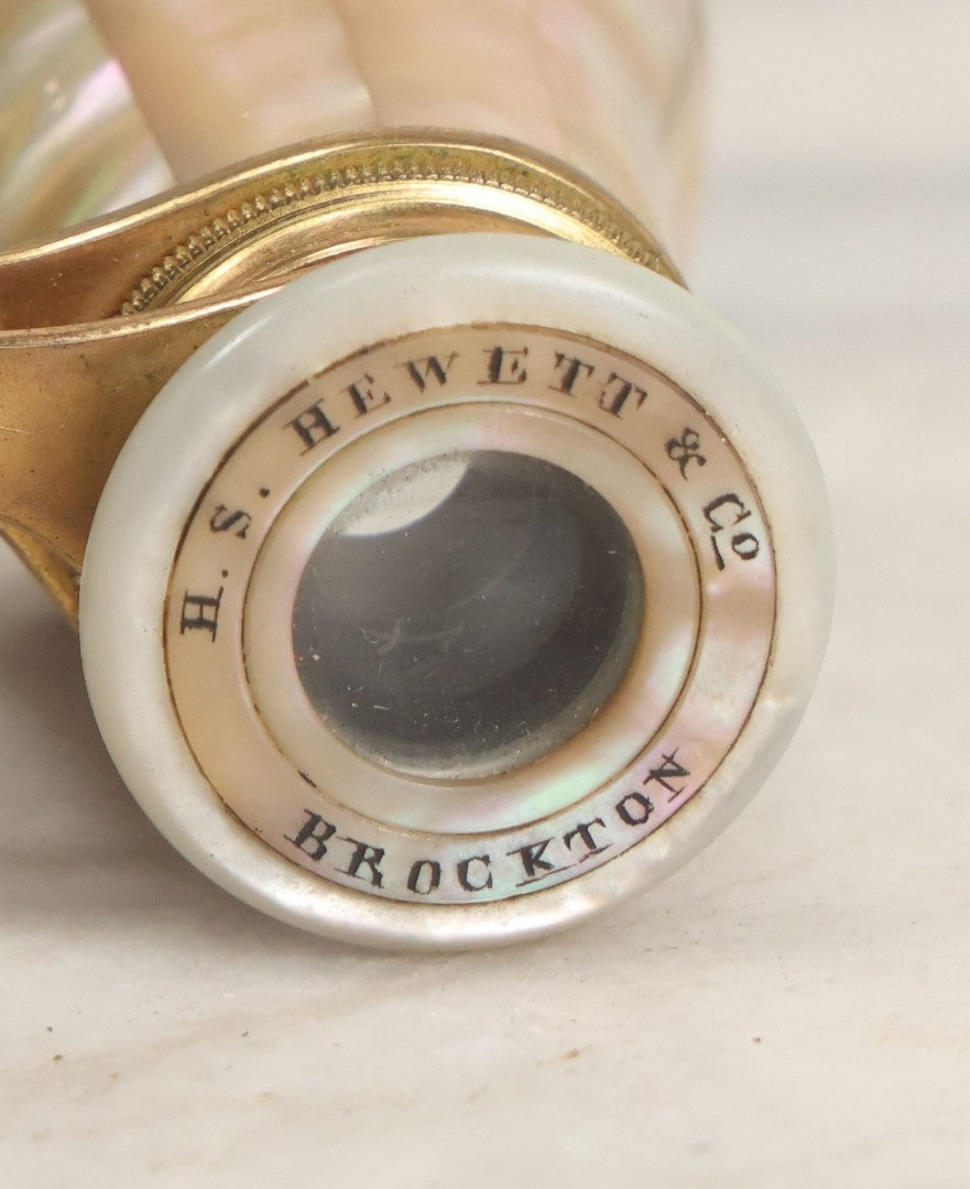 Lot 027 - Antique Mother Of Pearl And Brass Opera Glasses Binoculars "Made Expressly For" H.S. Hewett & Co., Brockton, Massachusetts In Original Case, With Gift Engraving Inscription, "Lulie Irish, Xmas 1890," Working Condition