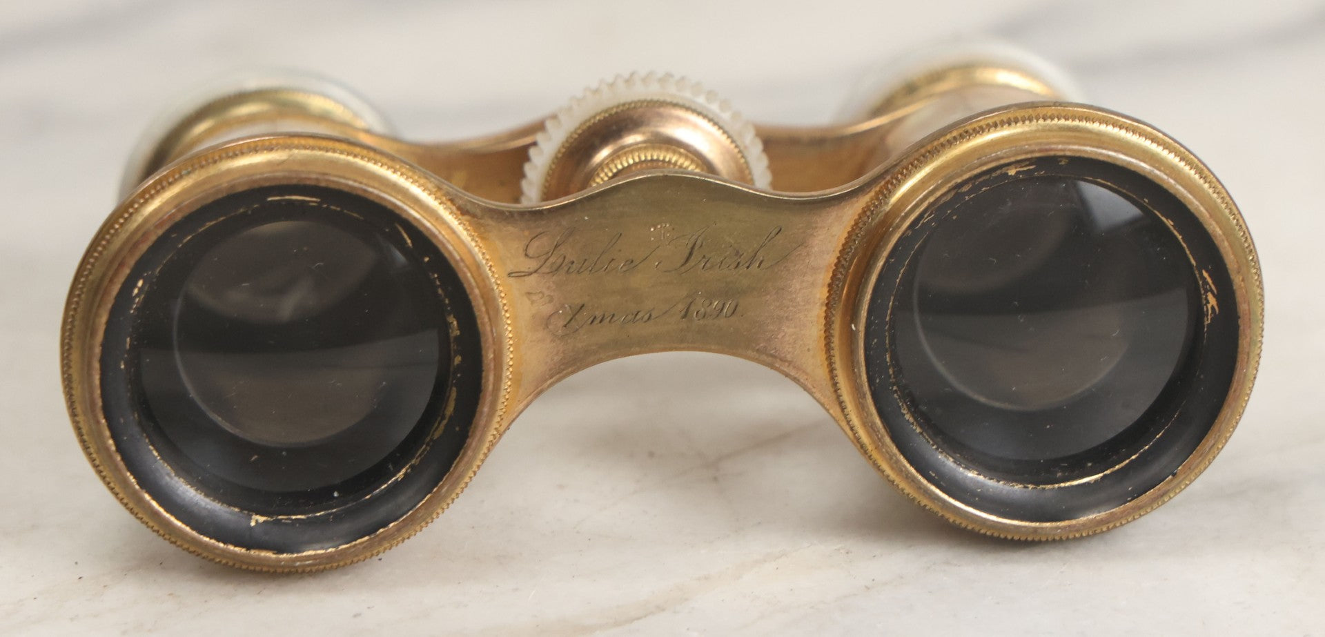 Lot 027 - Antique Mother Of Pearl And Brass Opera Glasses Binoculars "Made Expressly For" H.S. Hewett & Co., Brockton, Massachusetts In Original Case, With Gift Engraving Inscription, "Lulie Irish, Xmas 1890," Working Condition
