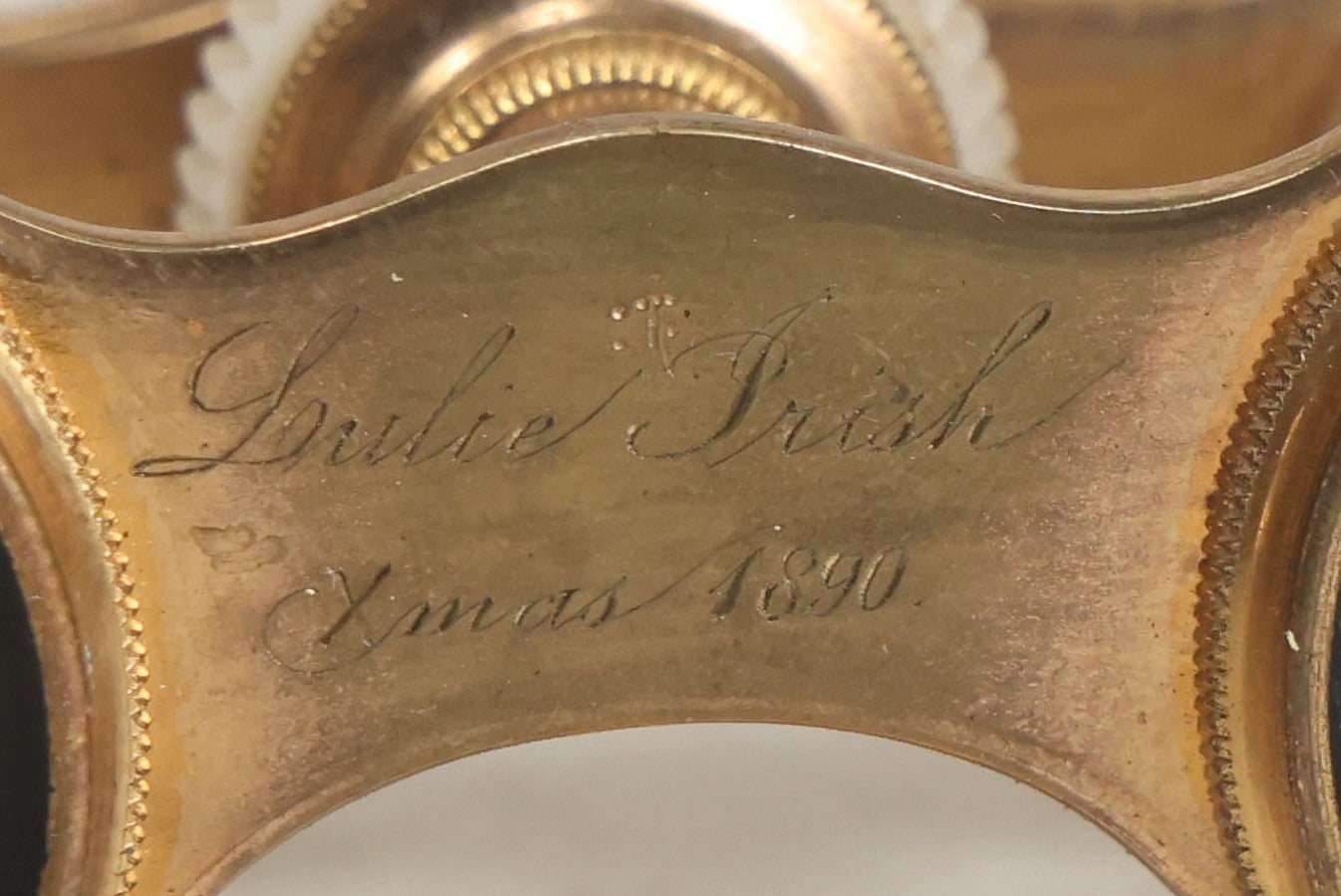 Lot 027 - Antique Mother Of Pearl And Brass Opera Glasses Binoculars "Made Expressly For" H.S. Hewett & Co., Brockton, Massachusetts In Original Case, With Gift Engraving Inscription, "Lulie Irish, Xmas 1890," Working Condition