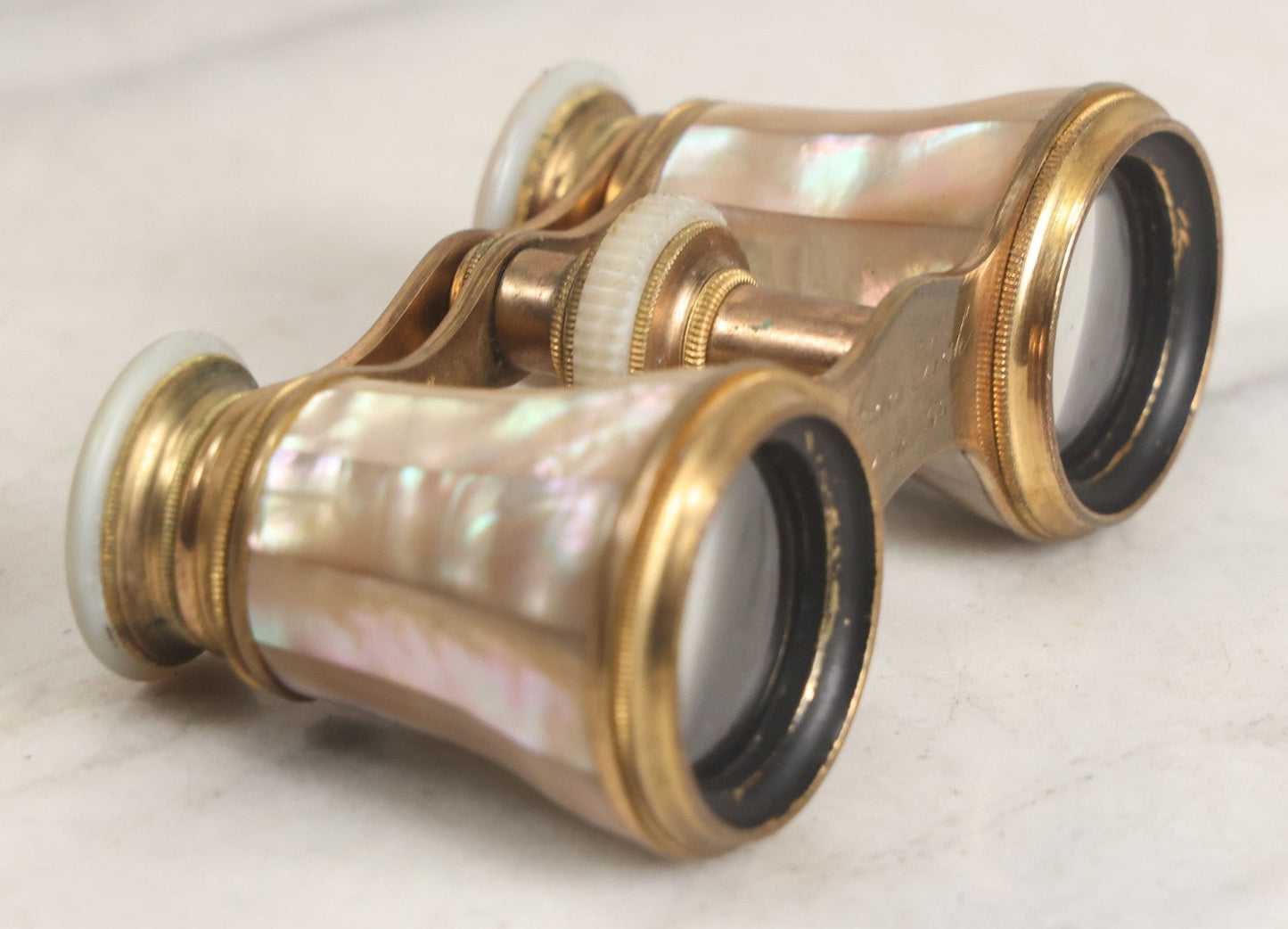 Lot 027 - Antique Mother Of Pearl And Brass Opera Glasses Binoculars "Made Expressly For" H.S. Hewett & Co., Brockton, Massachusetts In Original Case, With Gift Engraving Inscription, "Lulie Irish, Xmas 1890," Working Condition