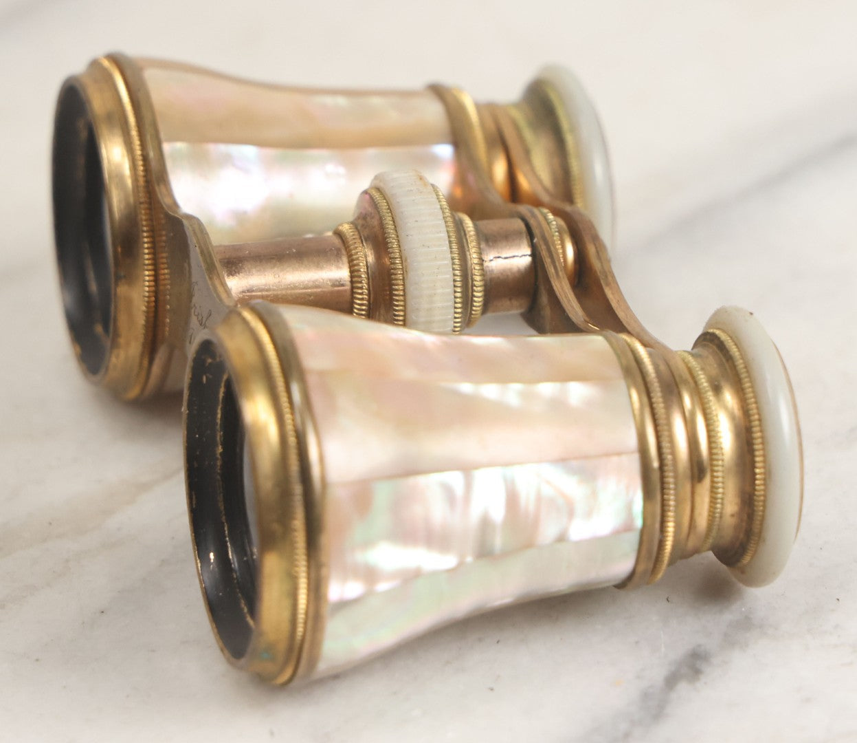 Lot 027 - Antique Mother Of Pearl And Brass Opera Glasses Binoculars "Made Expressly For" H.S. Hewett & Co., Brockton, Massachusetts In Original Case, With Gift Engraving Inscription, "Lulie Irish, Xmas 1890," Working Condition