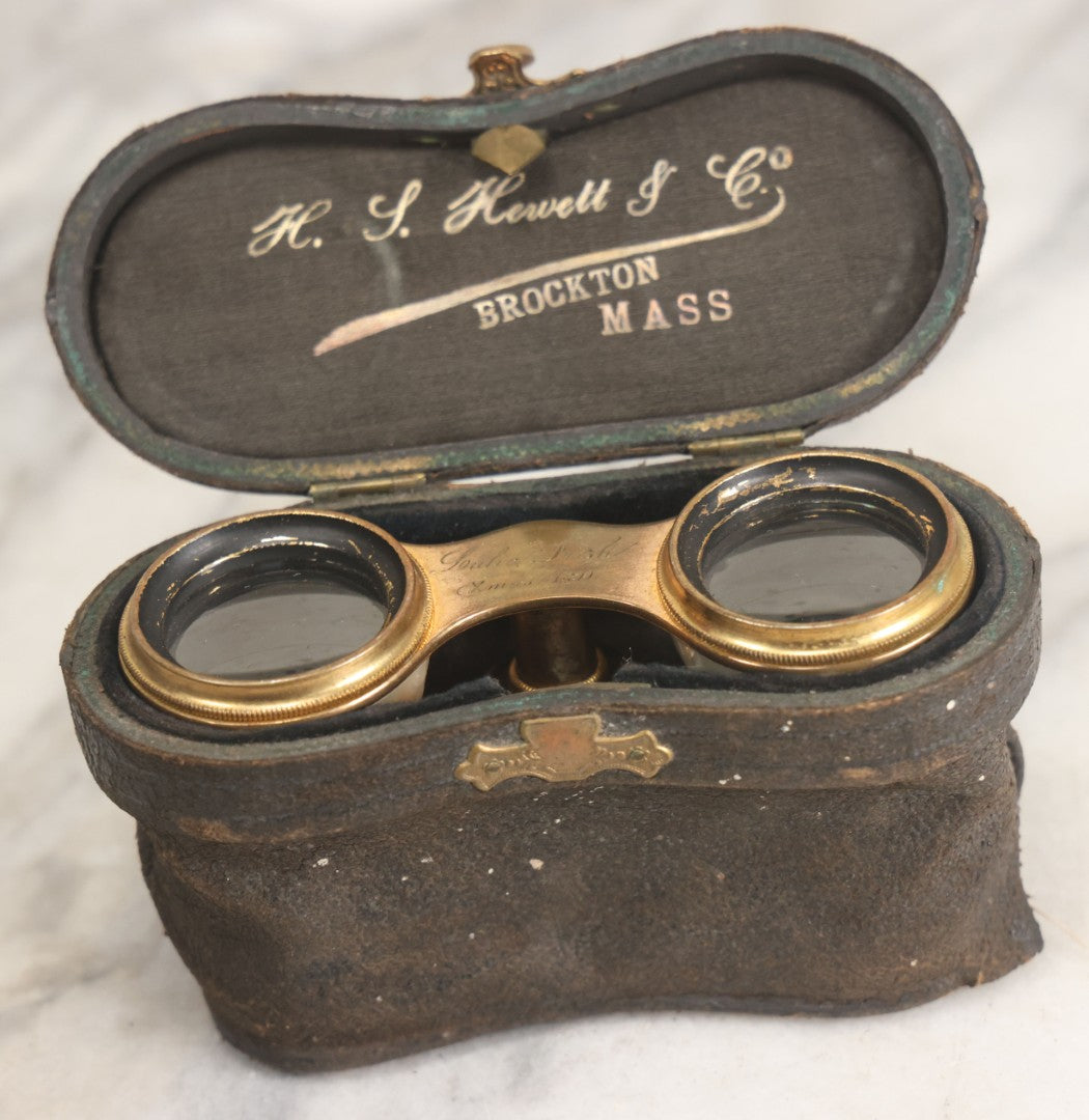 Lot 027 - Antique Mother Of Pearl And Brass Opera Glasses Binoculars "Made Expressly For" H.S. Hewett & Co., Brockton, Massachusetts In Original Case, With Gift Engraving Inscription, "Lulie Irish, Xmas 1890," Working Condition