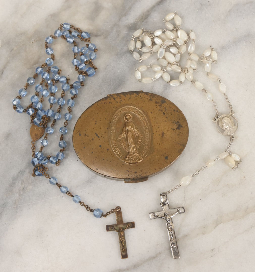 Lot 031 - Vintage Brass Rosary Case With Miraculous Medal / Medal Of The Immaculate Conception Motif, Commemorating The Apparition Our Lady To Saint Catherine Labouré, 1830, Containing Two Rosaries With Glass Beads 