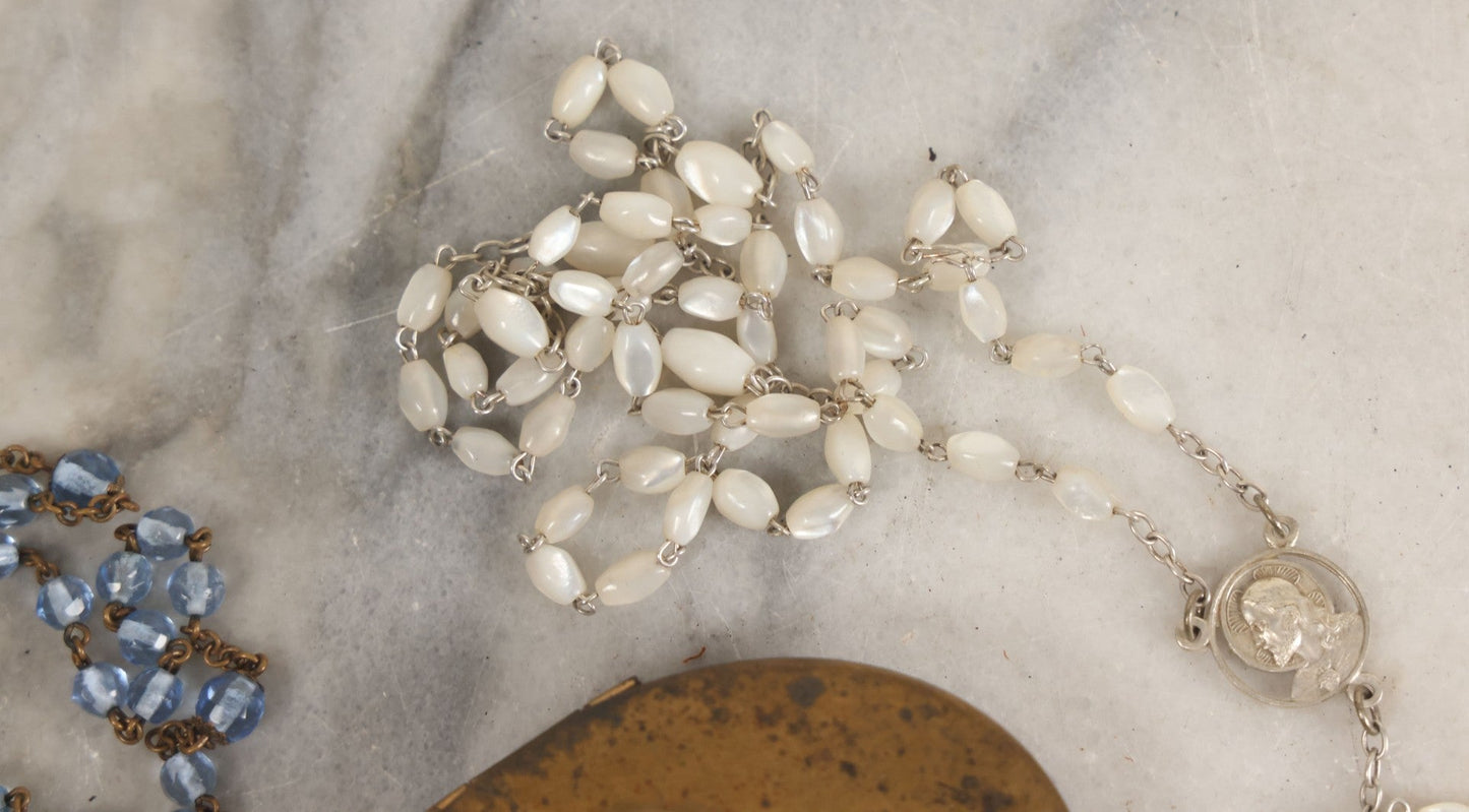 Lot 031 - Vintage Brass Rosary Case With Miraculous Medal / Medal Of The Immaculate Conception Motif, Commemorating The Apparition Our Lady To Saint Catherine Labouré, 1830, Containing Two Rosaries With Glass Beads 