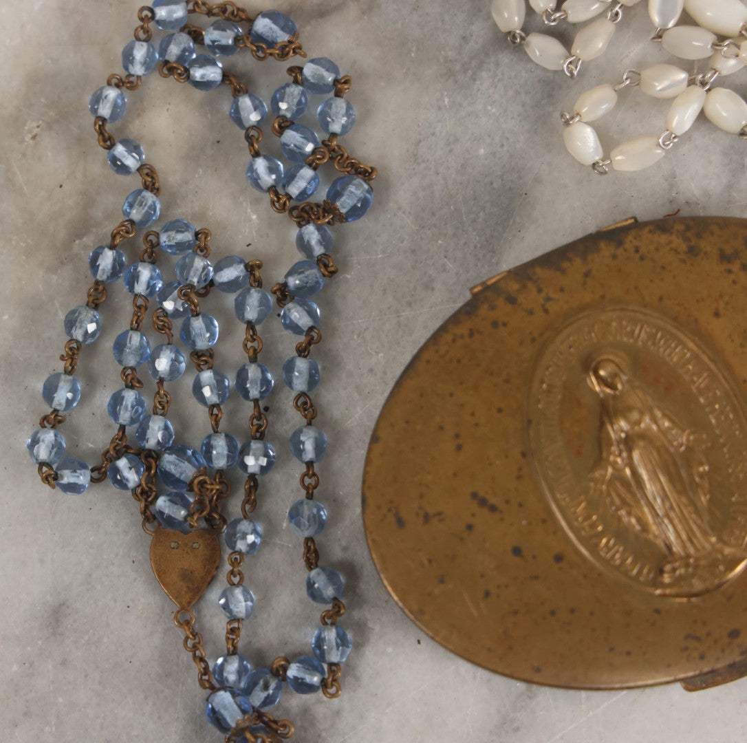Lot 031 - Vintage Brass Rosary Case With Miraculous Medal / Medal Of The Immaculate Conception Motif, Commemorating The Apparition Our Lady To Saint Catherine Labouré, 1830, Containing Two Rosaries With Glass Beads 