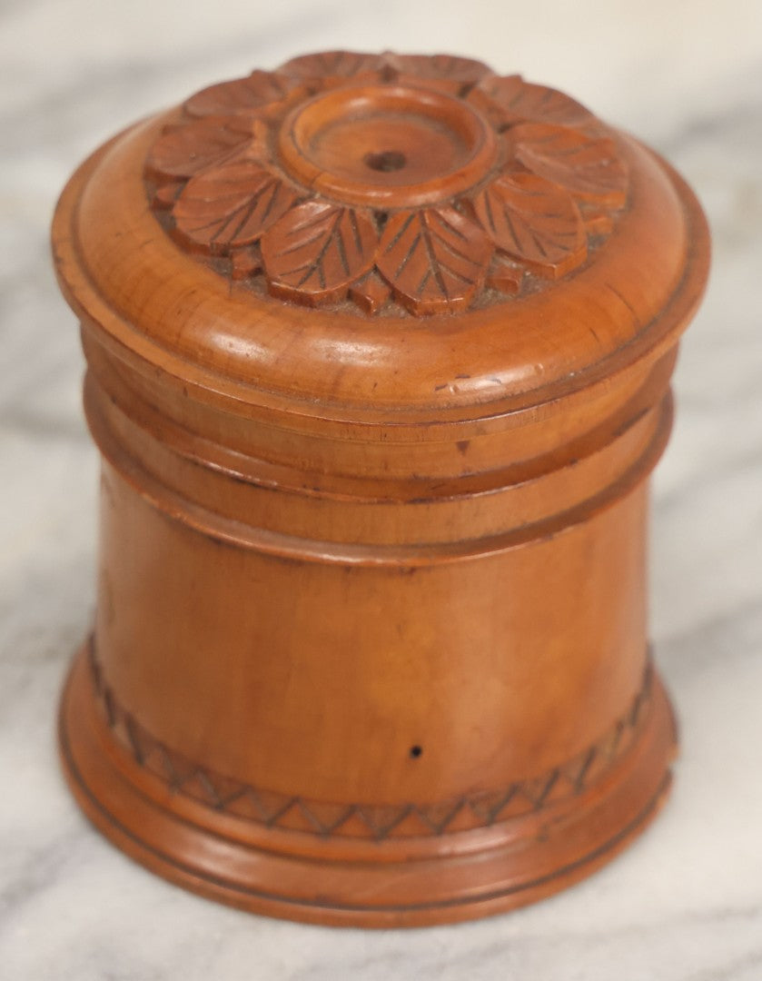 Lot 033 - Antique Hand Carved, Wood Turned String Holder With Leaf Motif On Fitted Lid, Geometric Pattern On Base, 3-3/8" Height