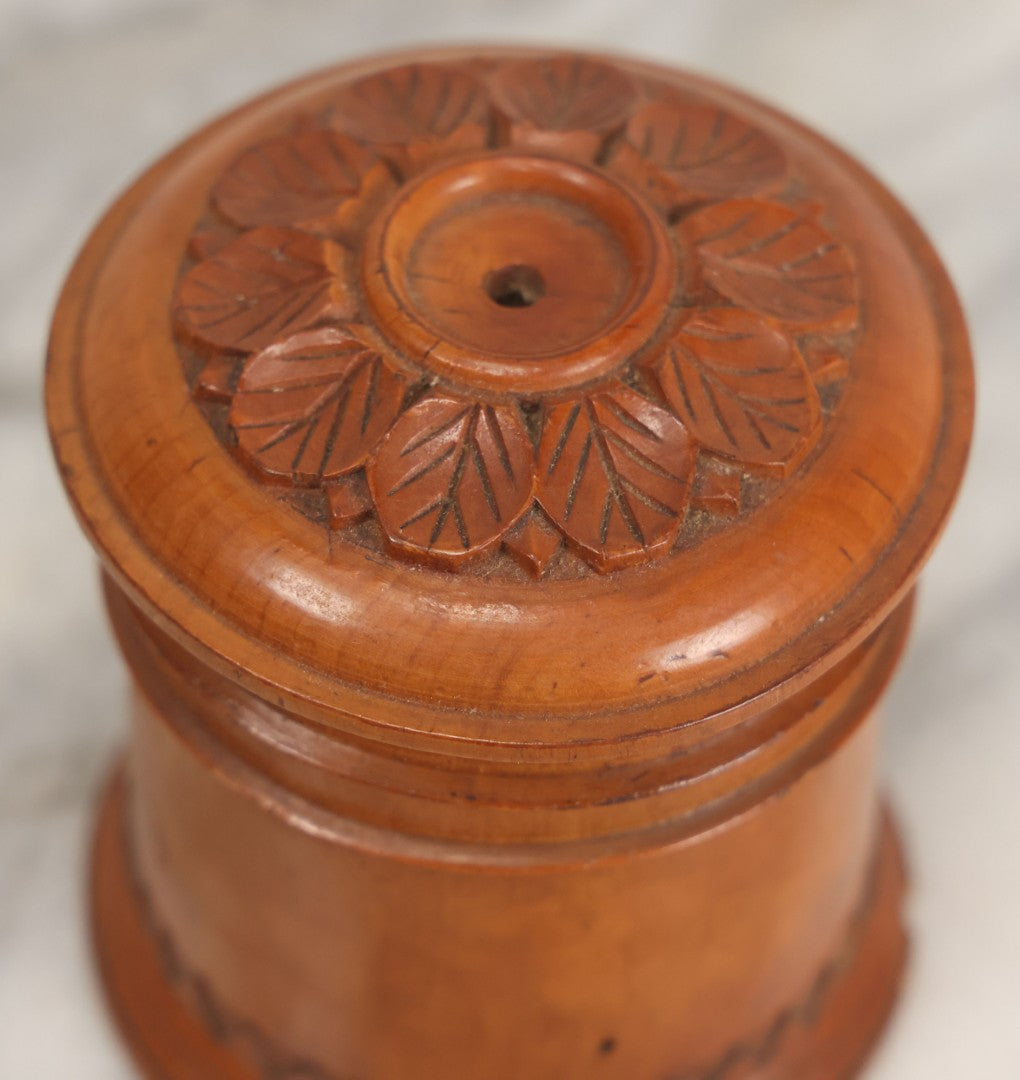 Lot 033 - Antique Hand Carved, Wood Turned String Holder With Leaf Motif On Fitted Lid, Geometric Pattern On Base, 3-3/8" Height