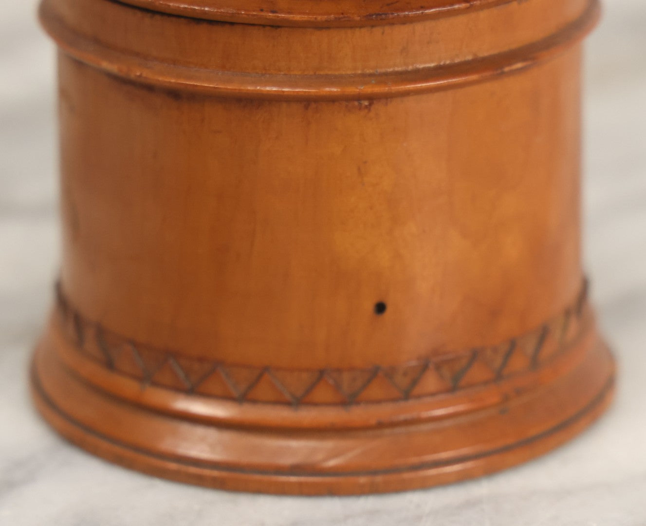 Lot 033 - Antique Hand Carved, Wood Turned String Holder With Leaf Motif On Fitted Lid, Geometric Pattern On Base, 3-3/8" Height
