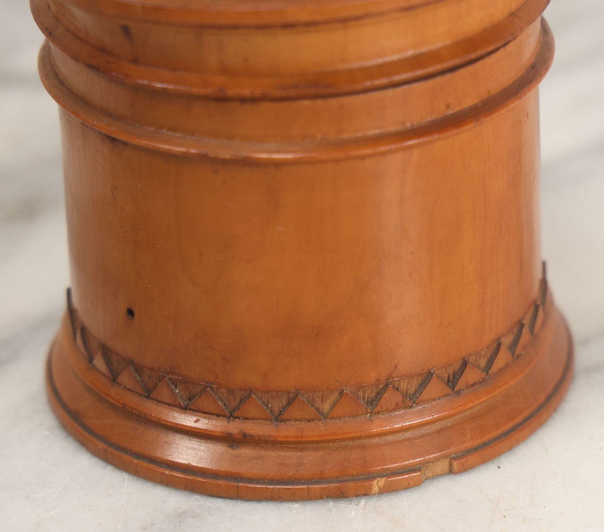 Lot 033 - Antique Hand Carved, Wood Turned String Holder With Leaf Motif On Fitted Lid, Geometric Pattern On Base, 3-3/8" Height