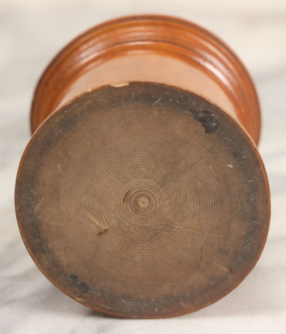 Lot 033 - Antique Hand Carved, Wood Turned String Holder With Leaf Motif On Fitted Lid, Geometric Pattern On Base, 3-3/8" Height