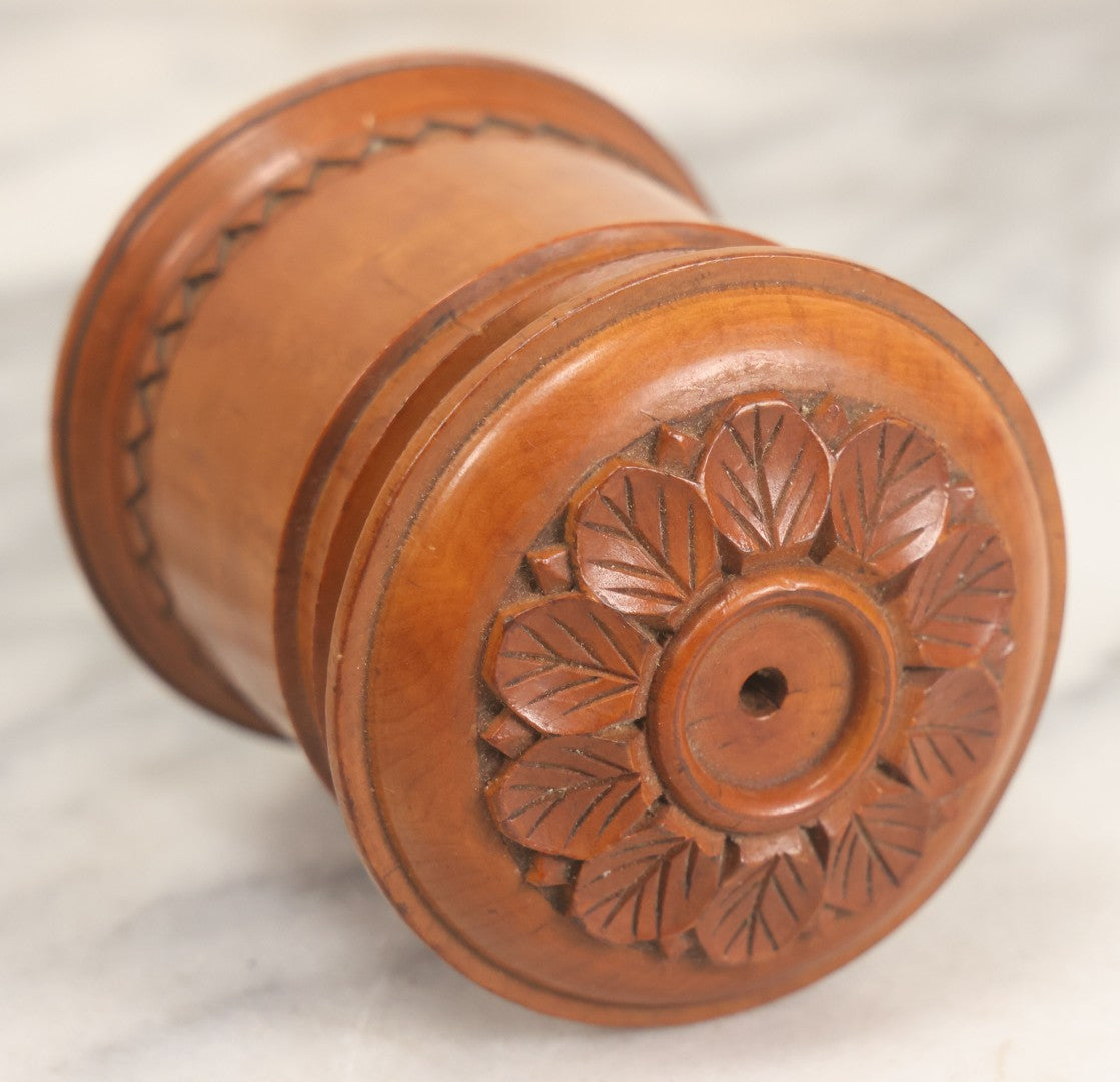 Lot 033 - Antique Hand Carved, Wood Turned String Holder With Leaf Motif On Fitted Lid, Geometric Pattern On Base, 3-3/8" Height