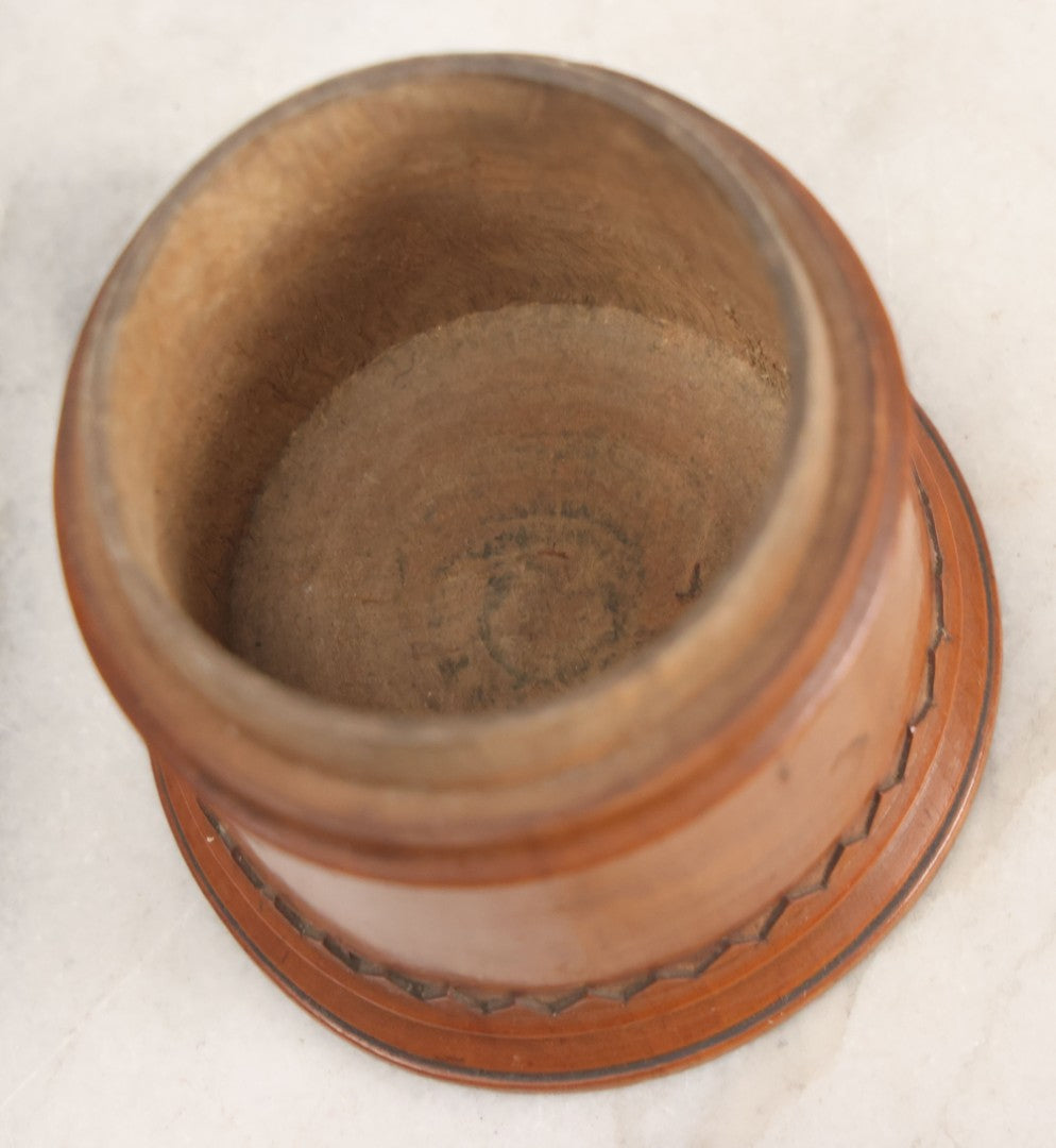 Lot 033 - Antique Hand Carved, Wood Turned String Holder With Leaf Motif On Fitted Lid, Geometric Pattern On Base, 3-3/8" Height
