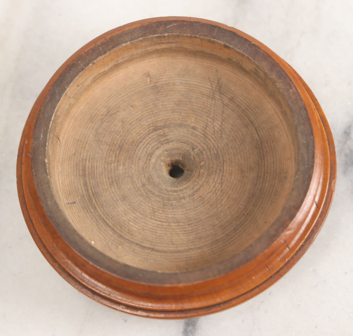 Lot 033 - Antique Hand Carved, Wood Turned String Holder With Leaf Motif On Fitted Lid, Geometric Pattern On Base, 3-3/8" Height