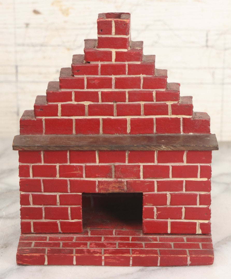 Lot 034 - Vintage Hand Made, Hand Painted Wooden Faux-Brick Dollhouse Fireplace