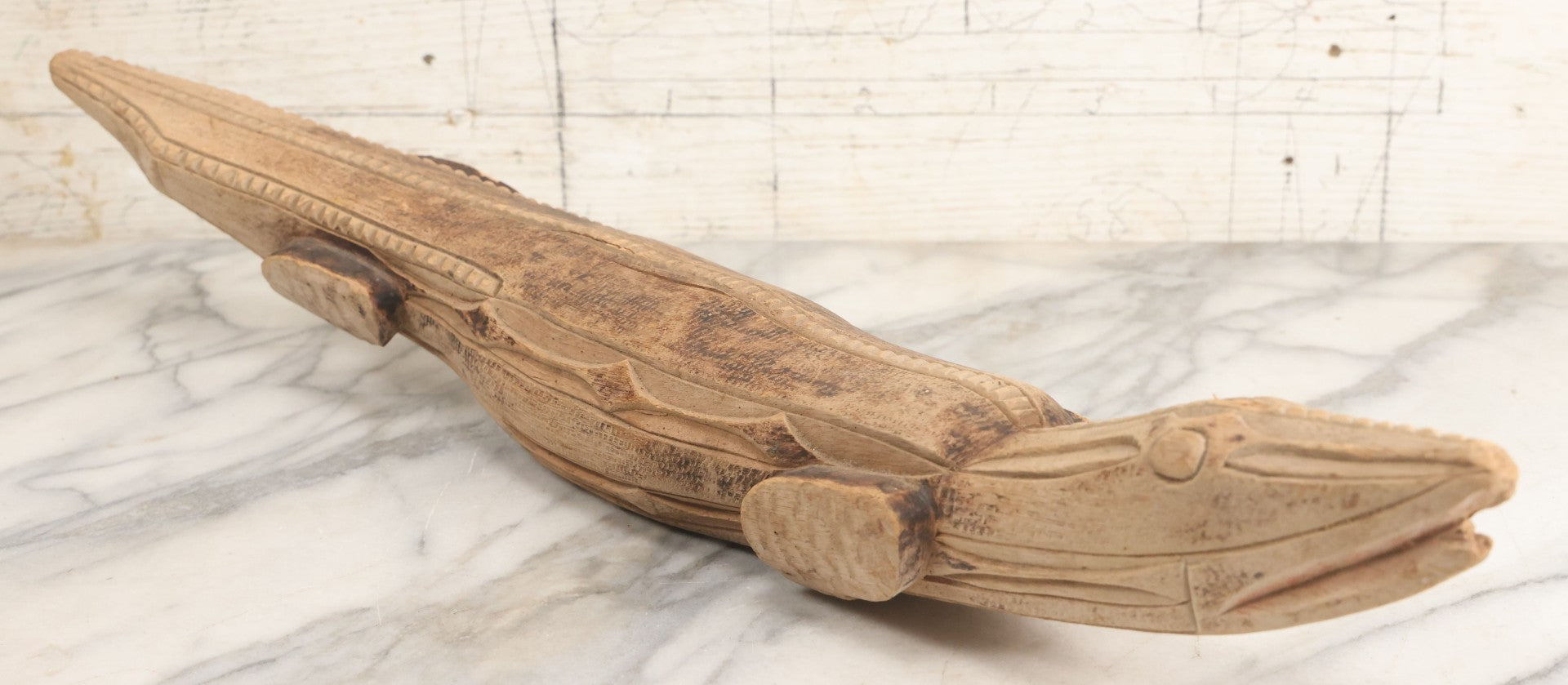 Lot 037 - Vintage African Tourist Collectible Figural Crocodile Lizard Wood Carving With Painted And Wood Burned Details Lourenço Marques (Maputo), Mozambique, Dated 1946, 22-1/2" Length