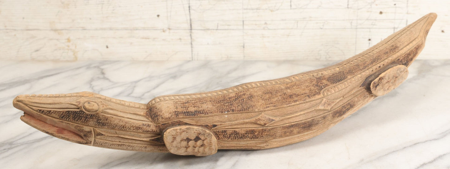 Lot 037 - Vintage African Tourist Collectible Figural Crocodile Lizard Wood Carving With Painted And Wood Burned Details Lourenço Marques (Maputo), Mozambique, Dated 1946, 22-1/2" Length